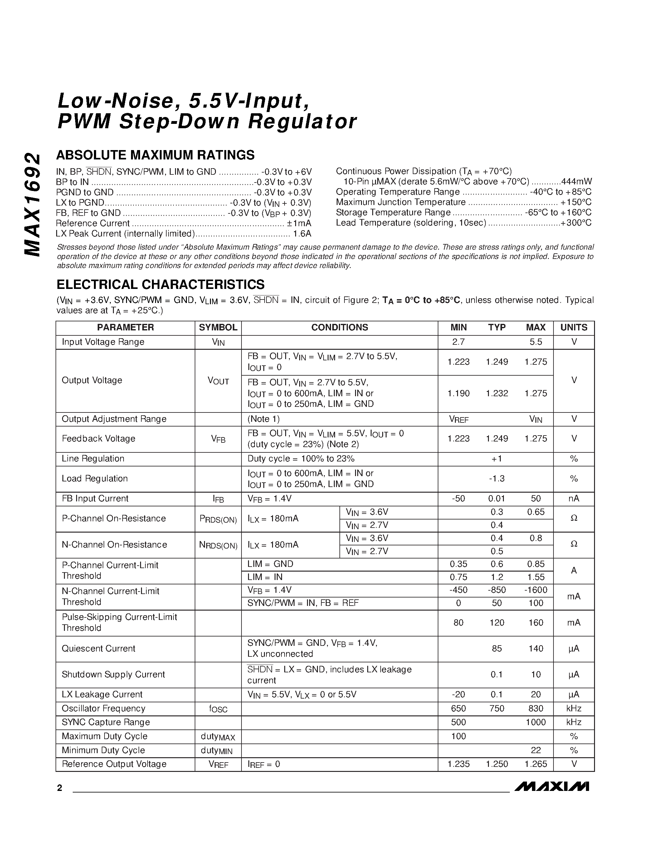 Datasheet MAX1692 page 2 Datasheet MAX1692 - Low-Noise / 5.5V-Input / PWM Step-Down Regulator page 2