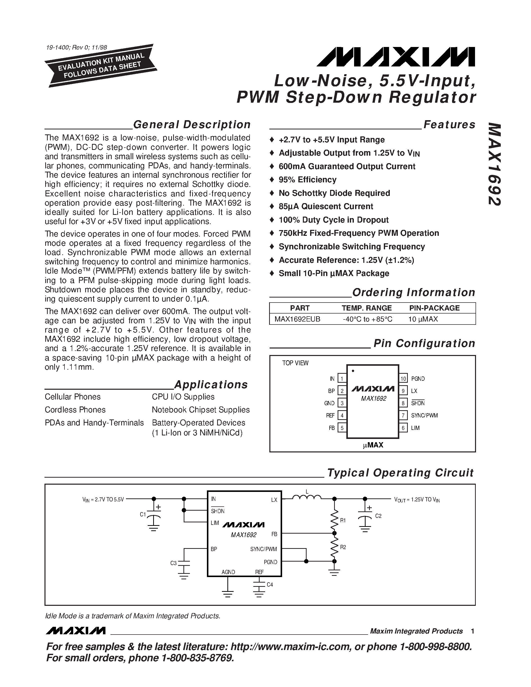 Datasheet MAX1692EUB page 1 Datasheet MAX1692EUB - Low-Noise / 5.5V-Input / PWM Step-Down Regulator page 1