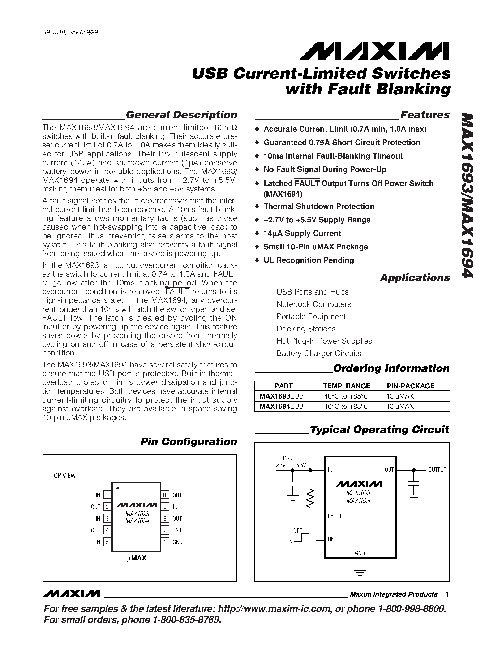 Datasheet MAX1693-MAX1694 page 1 Datasheet MAX1693-MAX1694 - USB Current-Limited Switches with Fault Blanking page 1