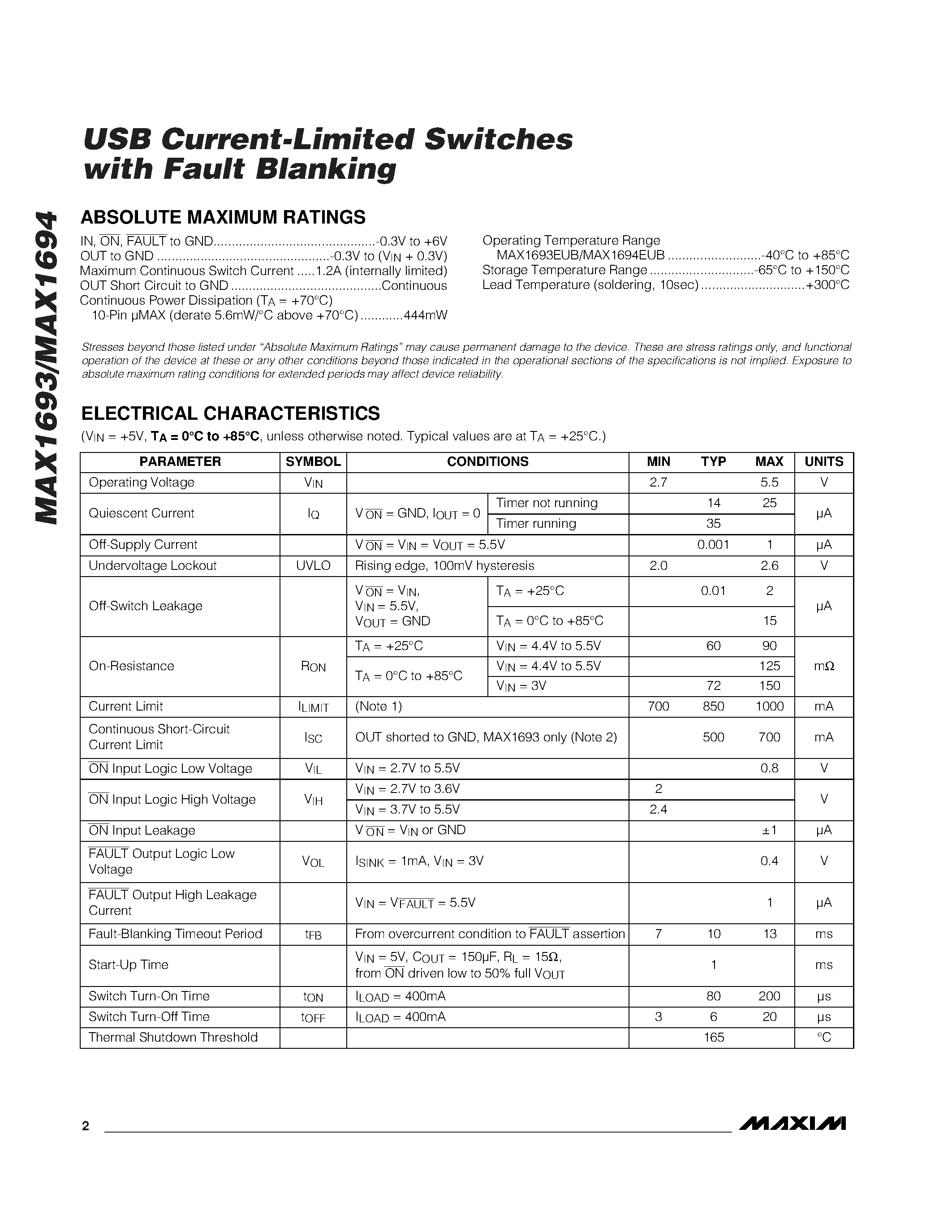 Datasheet MAX1693-MAX1694 page 2 Datasheet MAX1693-MAX1694 - USB Current-Limited Switches with Fault Blanking page 2