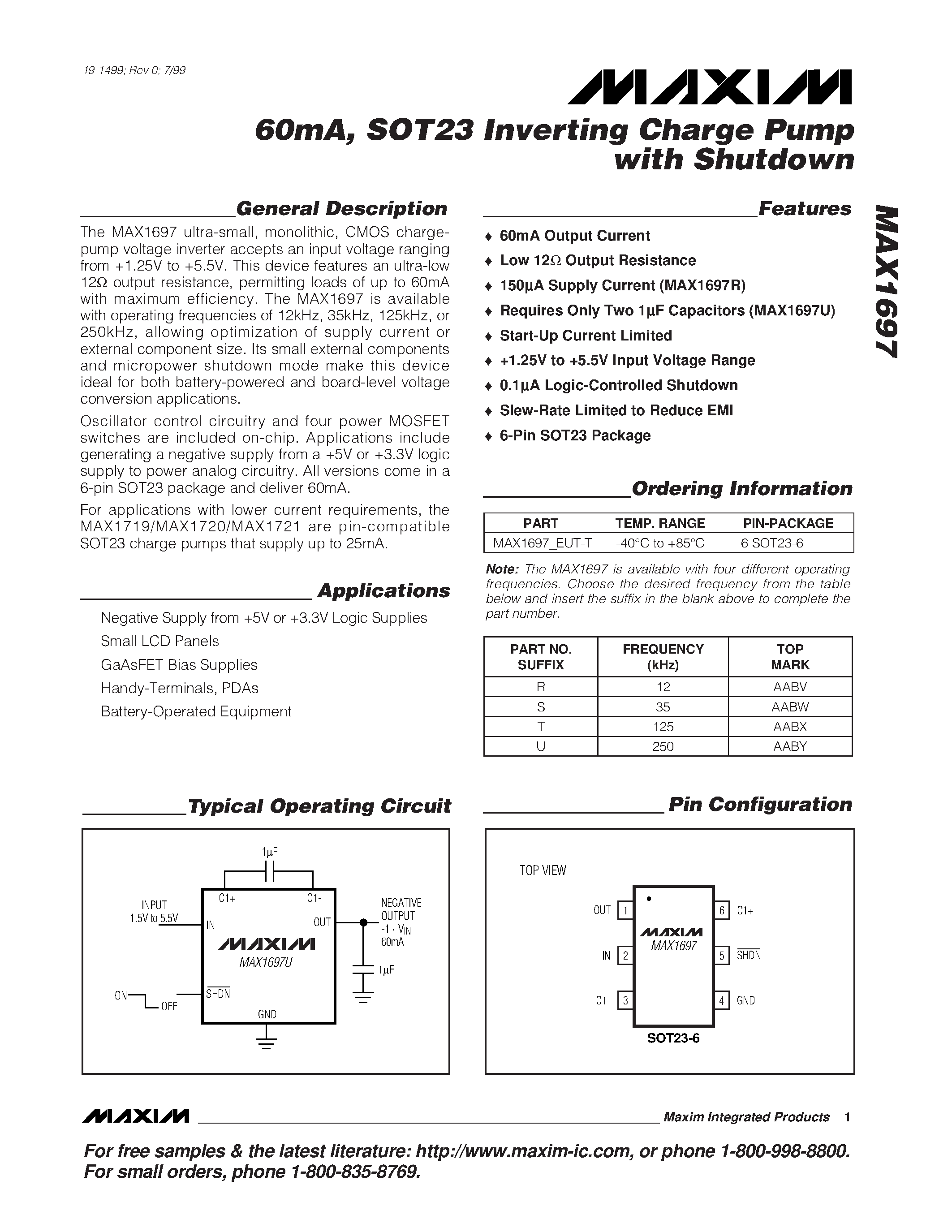 Datasheet MAX1697REUT-T page 1 Datasheet MAX1697REUT-T - 60mA / SOT23 Inverting Charge Pump with Shutdown page 1