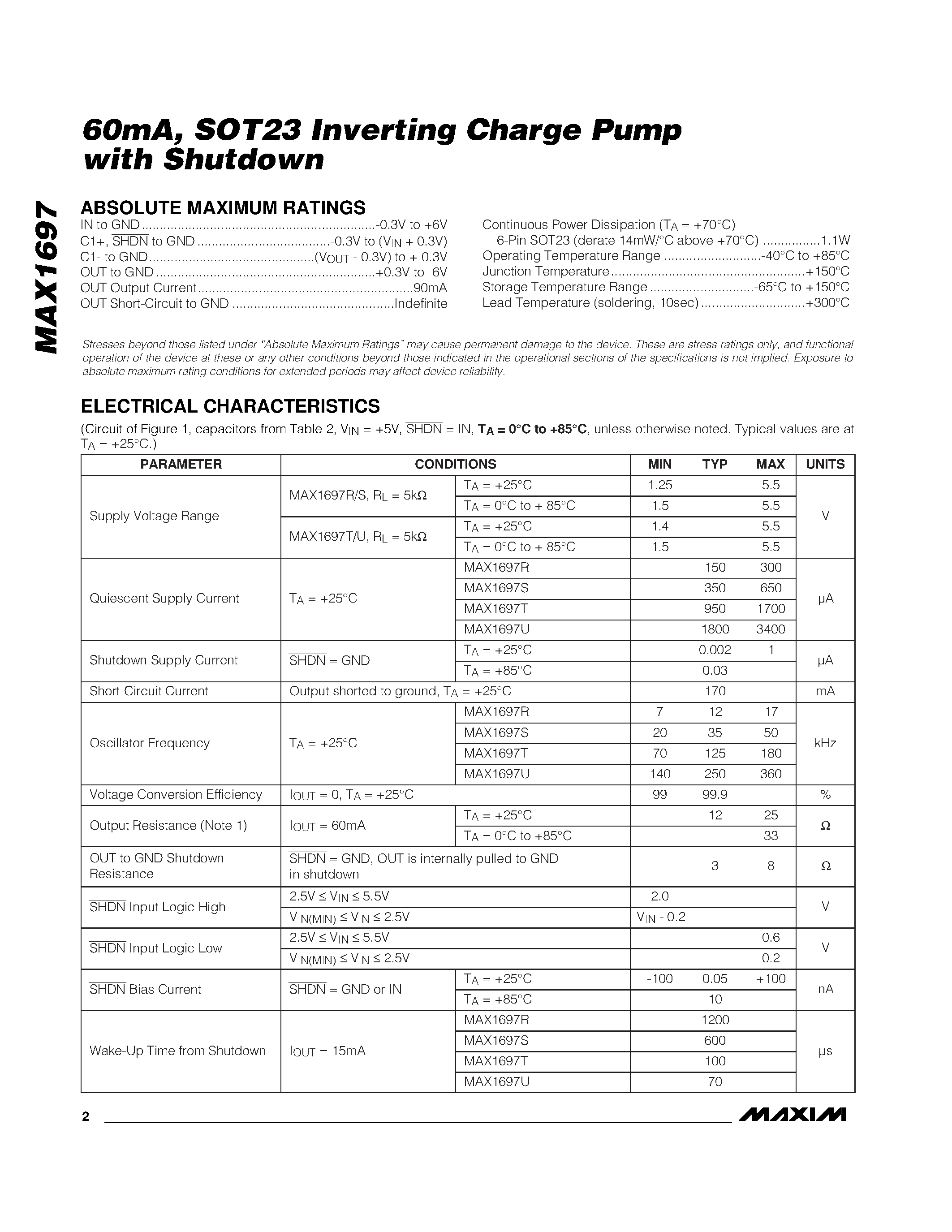 Datasheet MAX1697REUT-T page 2 Datasheet MAX1697REUT-T - 60mA / SOT23 Inverting Charge Pump with Shutdown page 2
