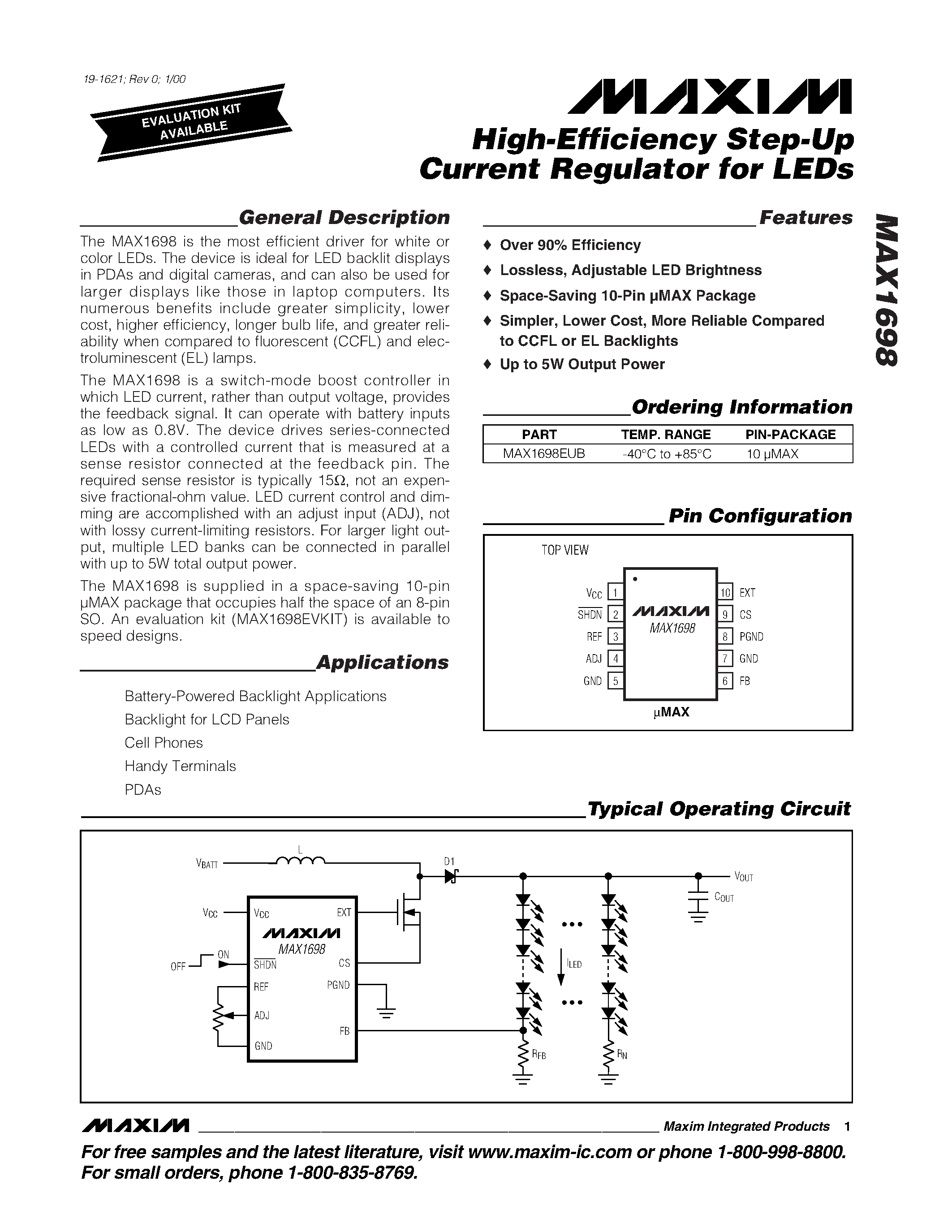 Datasheet MAX1698 page 1 Datasheet MAX1698 - High-Efficiency Step-Up Current Regulator for LEDs page 1