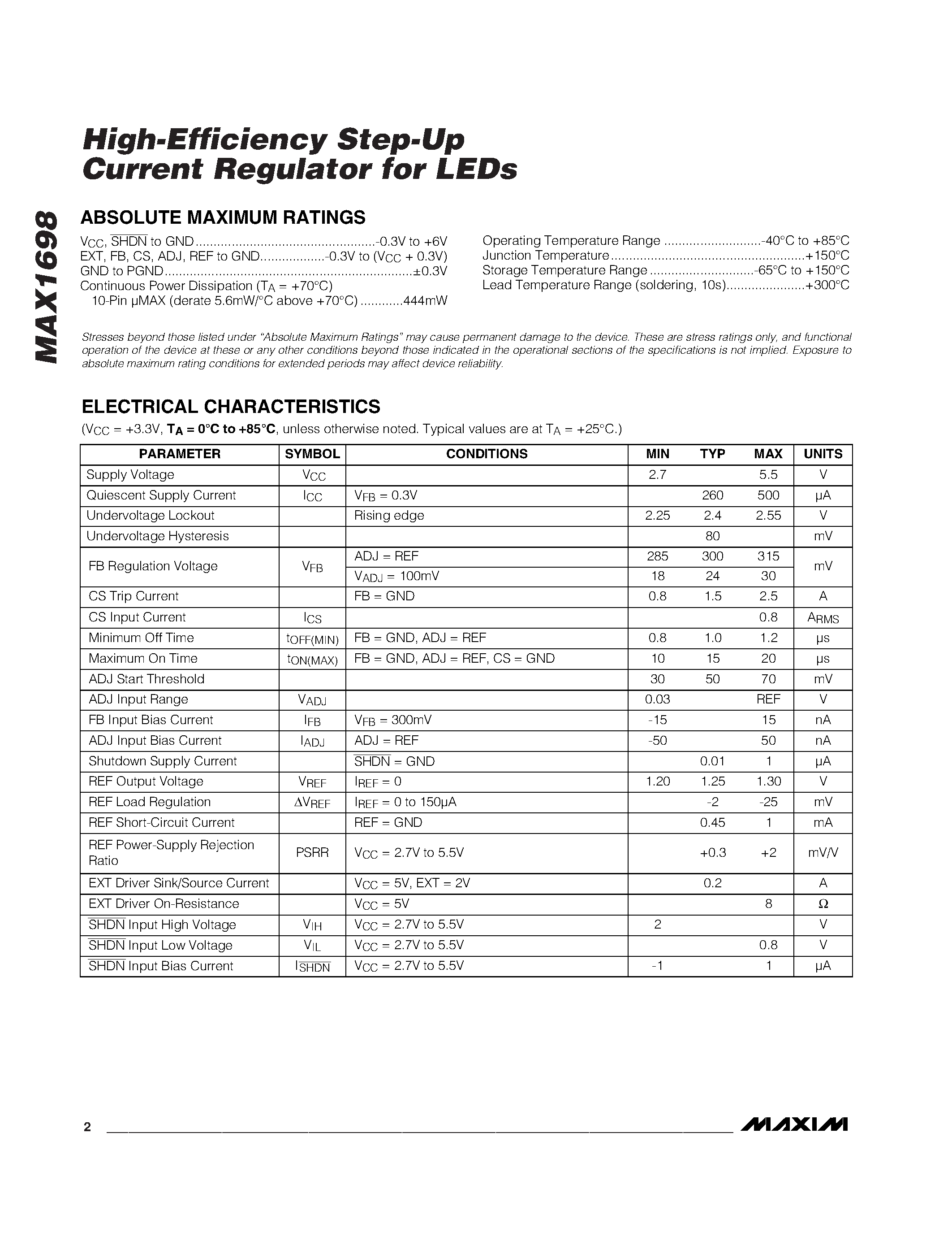 Datasheet MAX1698 page 2 Datasheet MAX1698 - High-Efficiency Step-Up Current Regulator for LEDs page 2