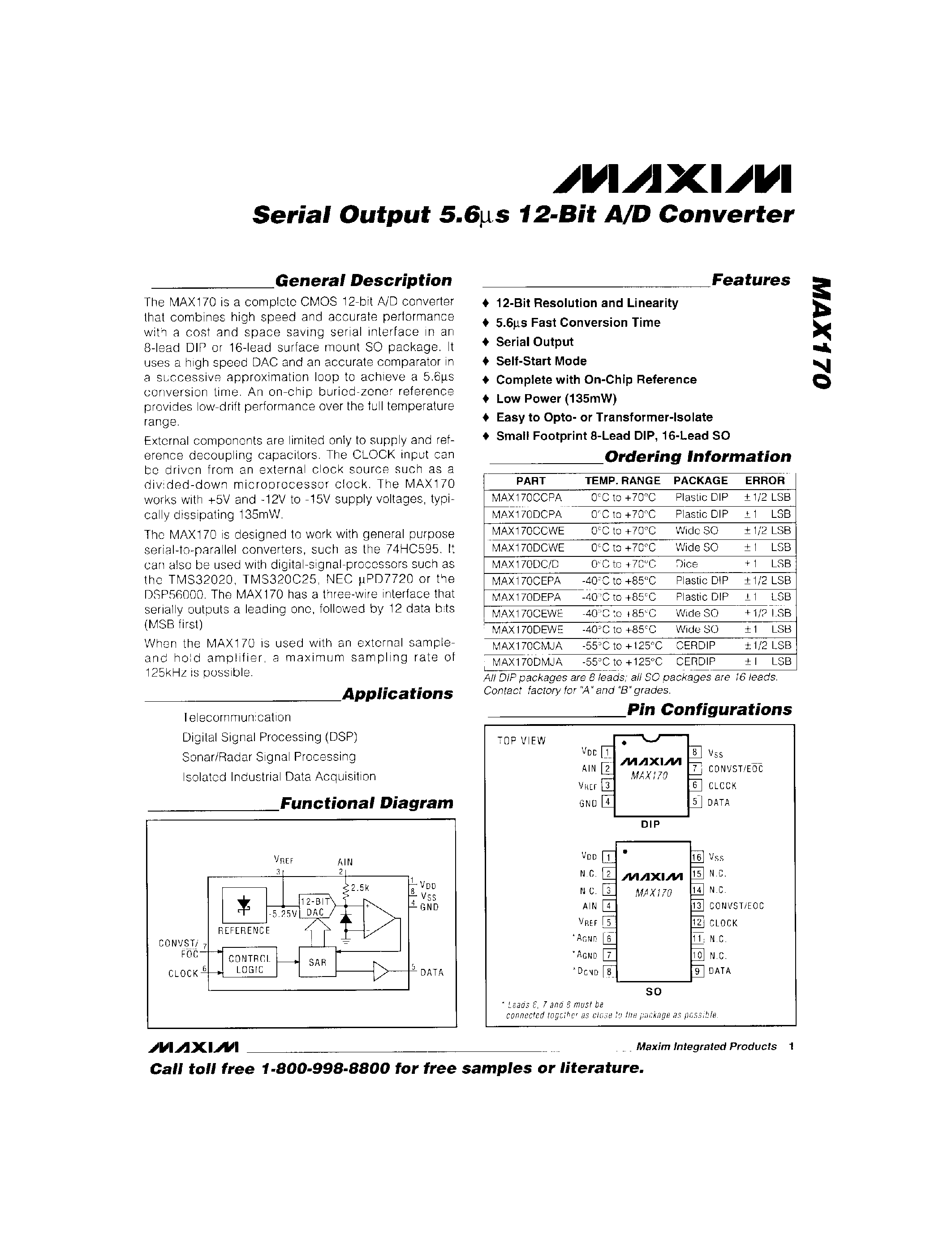 Даташит на микросхему MAX170 страница 1 Даташит MAX170 - Serial Output 5.6us 12-Bit A/D Converter страница 1