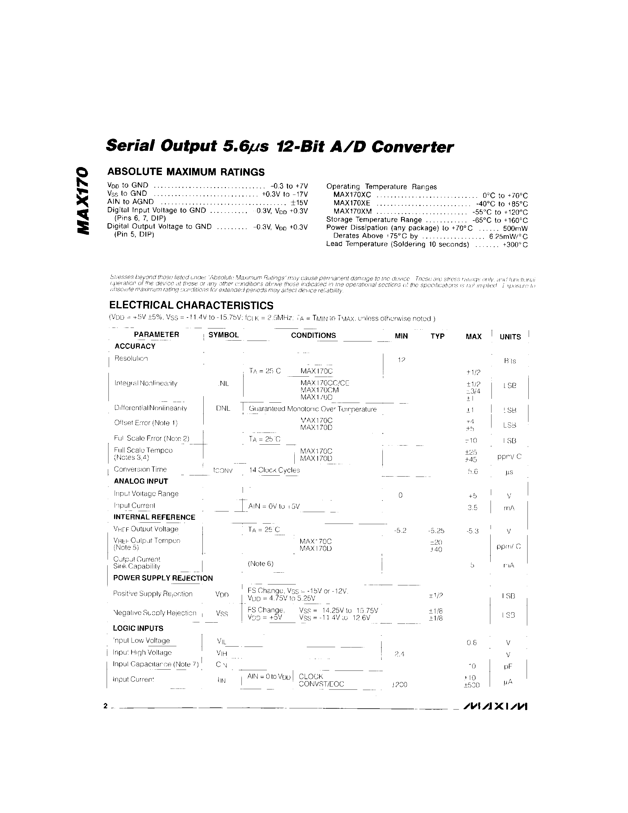Даташит на микросхему MAX170 страница 2 Даташит MAX170 - Serial Output 5.6us 12-Bit A/D Converter страница 2