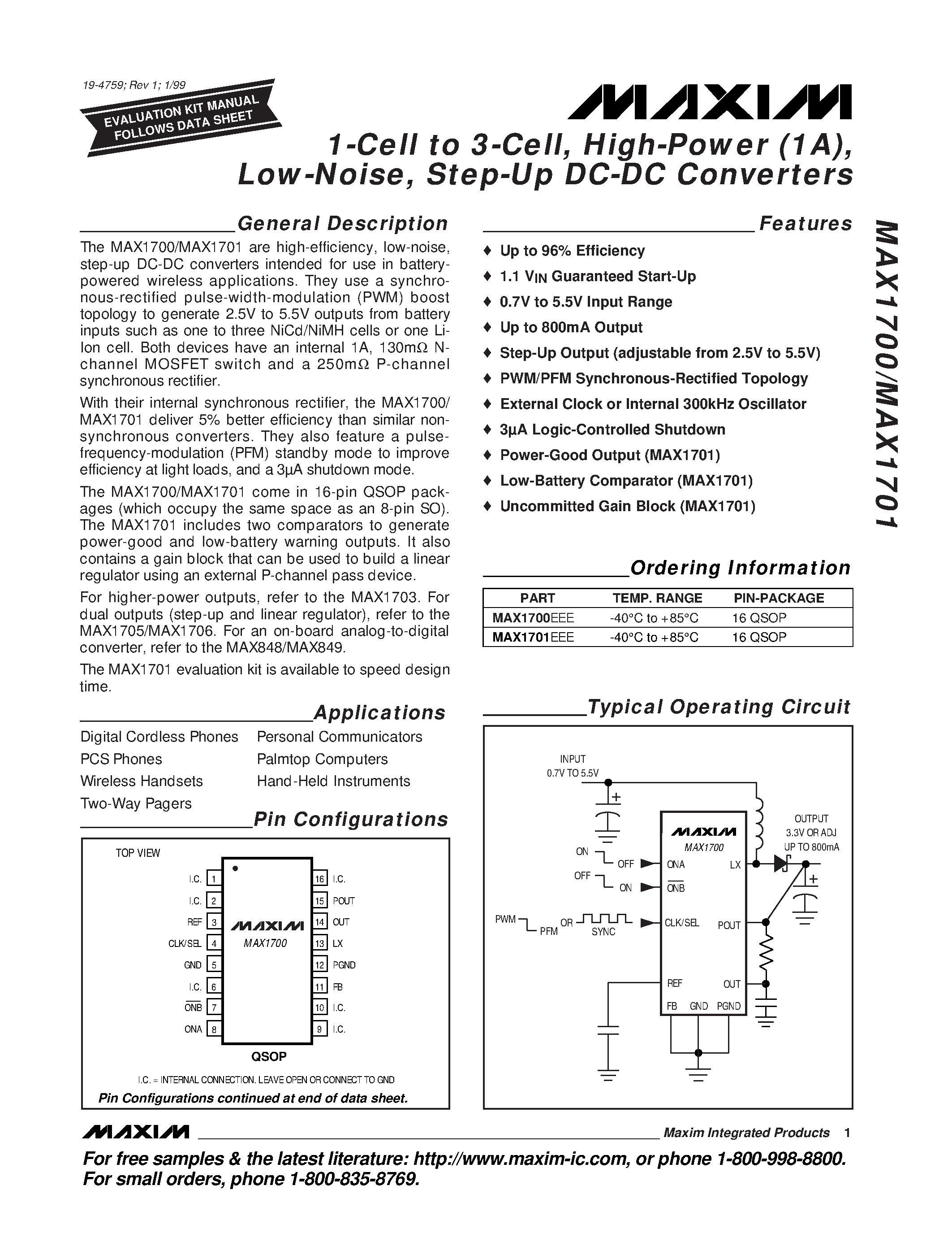 Даташит MAX1700-MAX1701 - 1-Cell to 3-Cell / High-Power 1A / Low-Noise / Step-Up DC-DC Converters страница 1