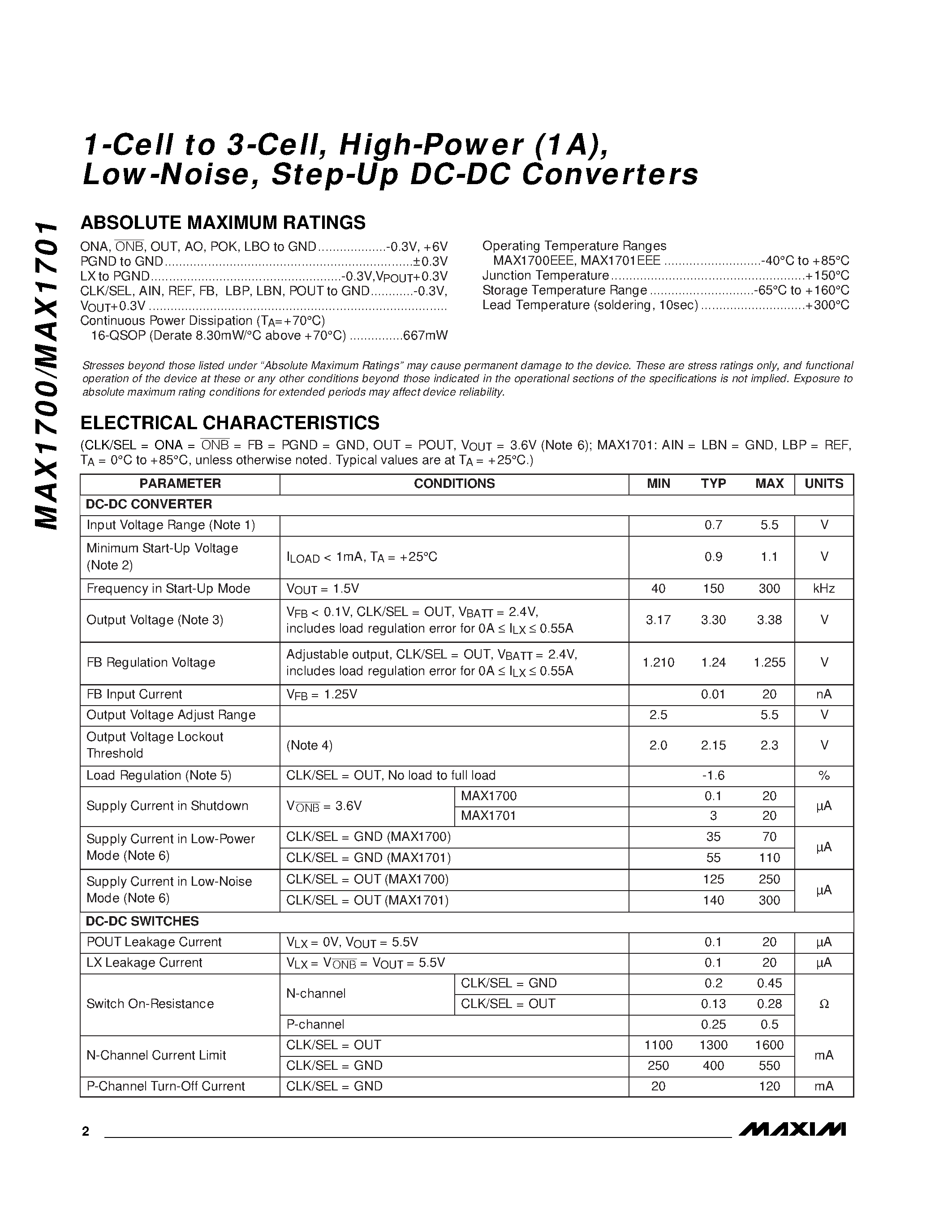 Даташит MAX1700-MAX1701 - 1-Cell to 3-Cell / High-Power 1A / Low-Noise / Step-Up DC-DC Converters страница 2