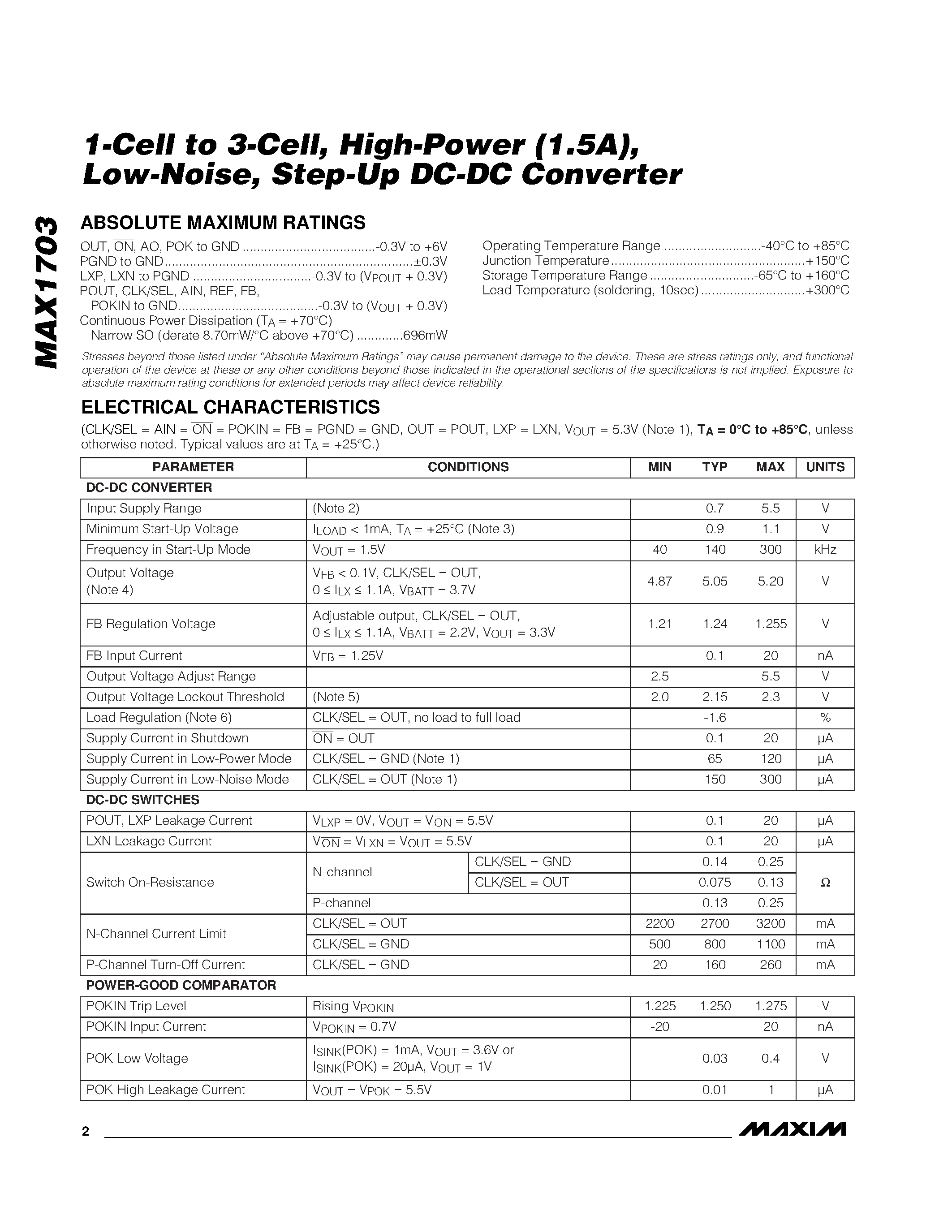 Datasheet MAX1703 - 1-Cell to 3-Cell / High-Power 1.5A / Low-Noise / Step-Up DC-DC Converter page 2