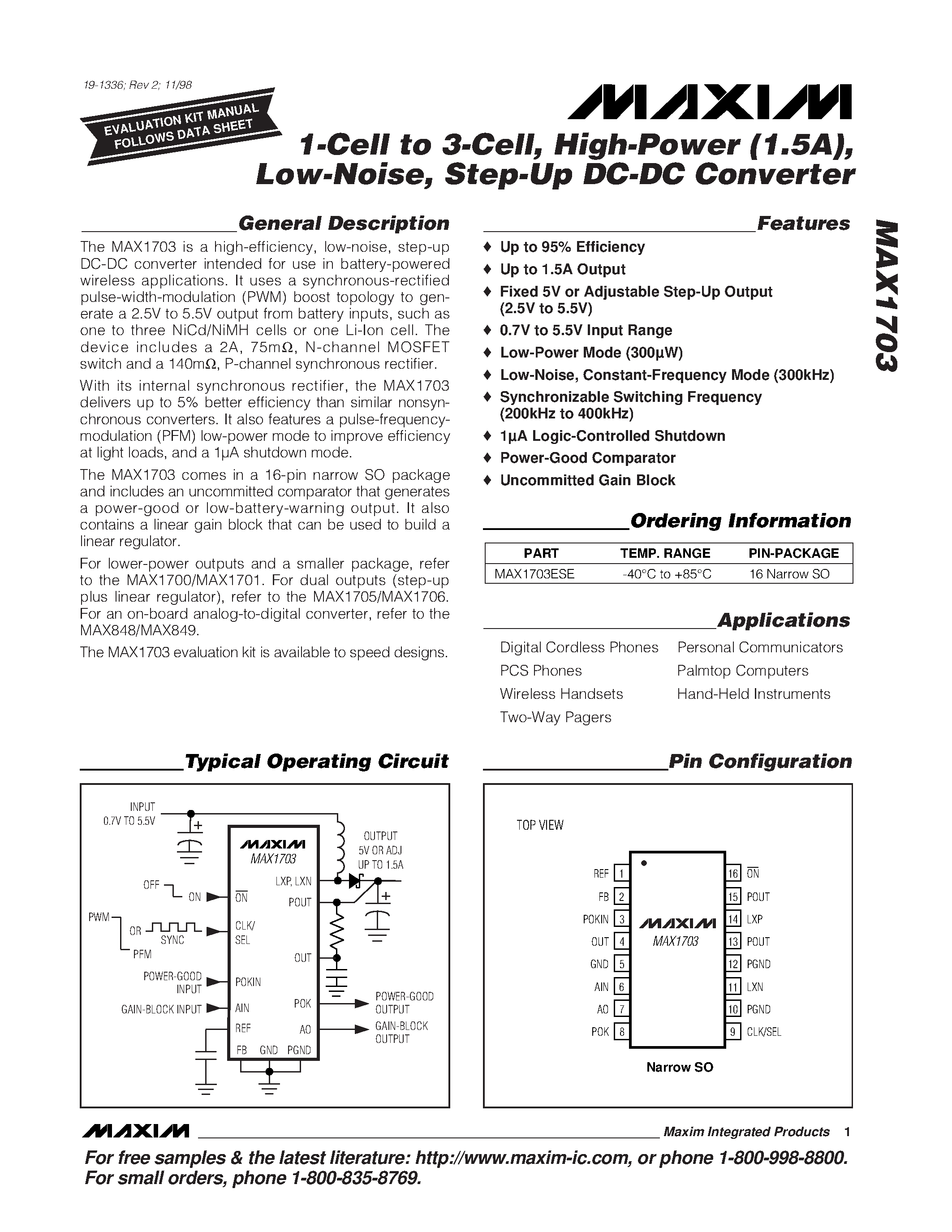 Datasheet MAX1703ESE - 1-Cell to 3-Cell / High-Power 1.5A / Low-Noise / Step-Up DC-DC Converter page 1
