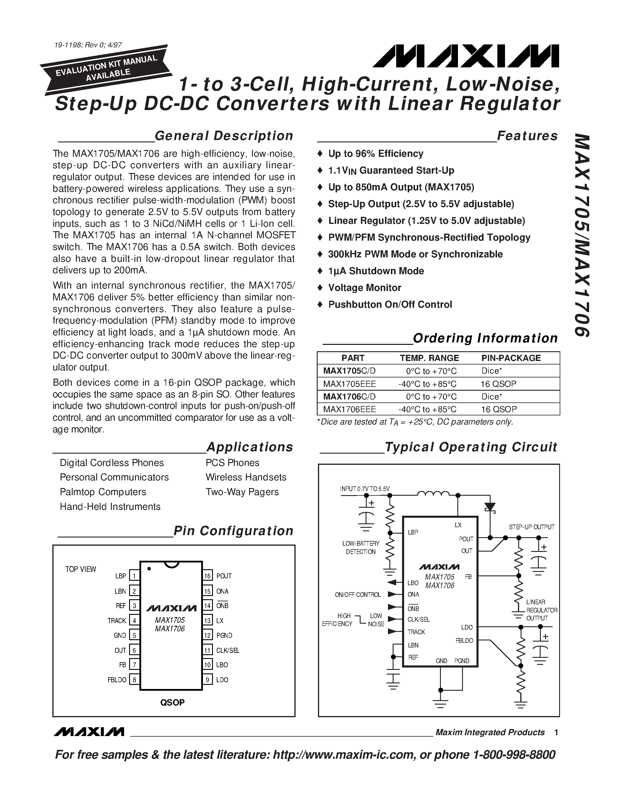 Datasheet MAX1705 page 1 Datasheet MAX1705 - 1- to 3-Cell / High-Current / Low-Noise / Step-Up DC-DC Converters with Linear Regulator page 1