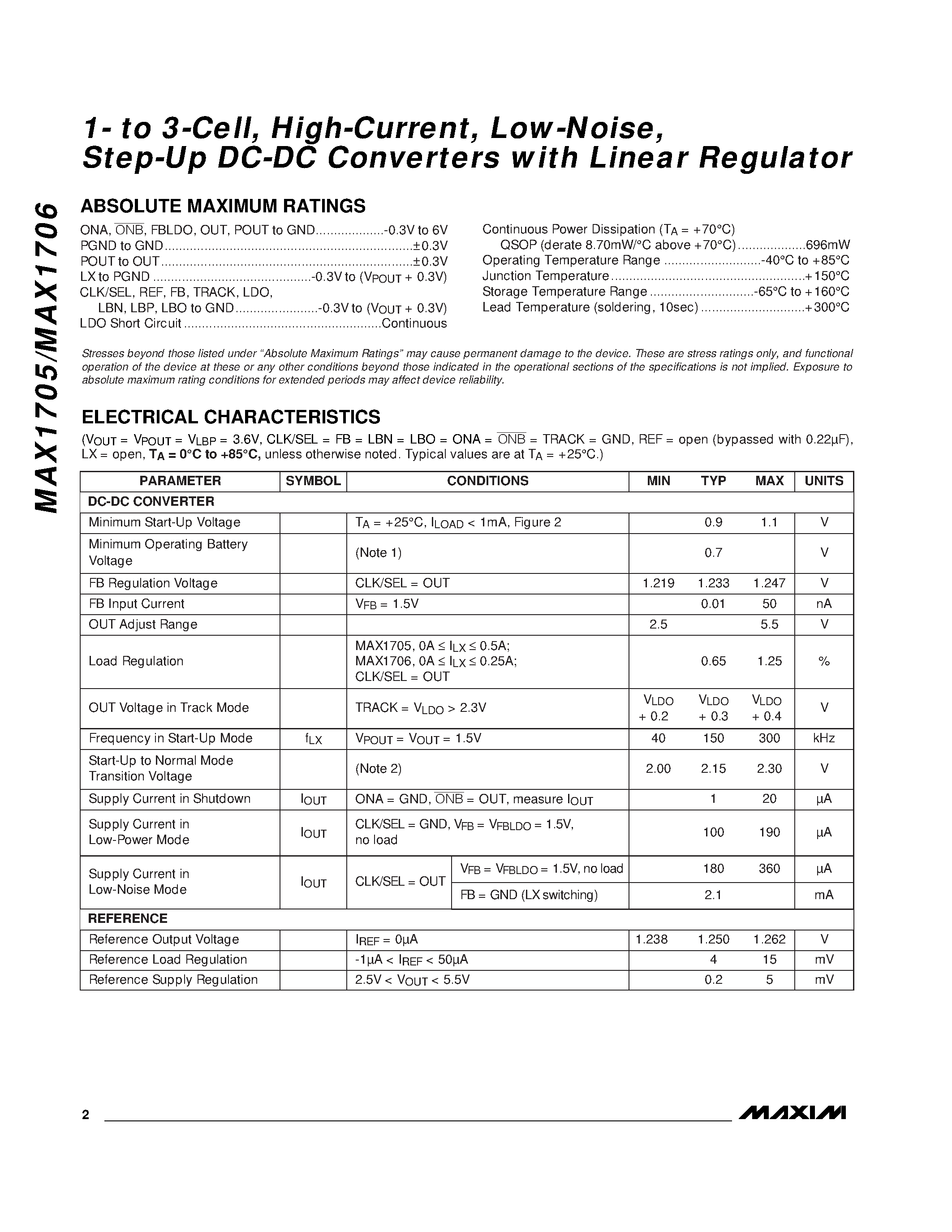 Даташит MAX1705C - 1- to 3-Cell / High-Current / Low-Noise / Step-Up DC-DC Converters with Linear Regulator страница 2