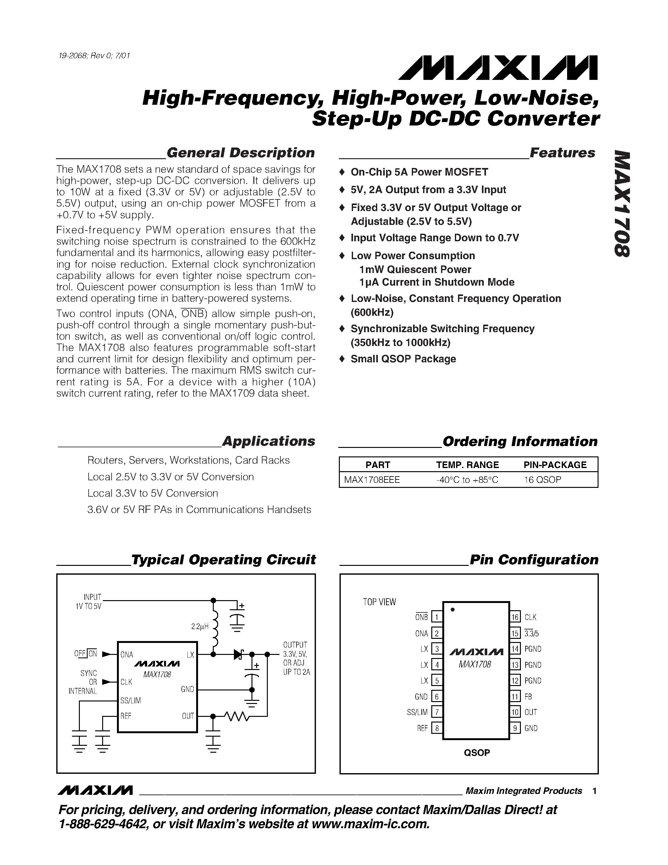Datasheet MAX1708 page 1 Datasheet MAX1708 - High-Frequency / High-Power / Low-Noise / Step-Up DC-DC Converter page 1