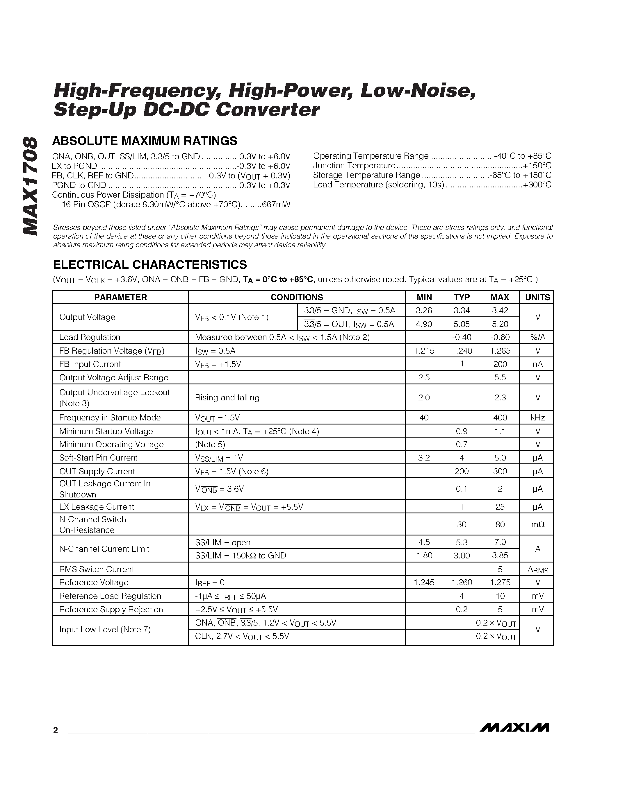 Datasheet MAX1708 page 2 Datasheet MAX1708 - High-Frequency / High-Power / Low-Noise / Step-Up DC-DC Converter page 2