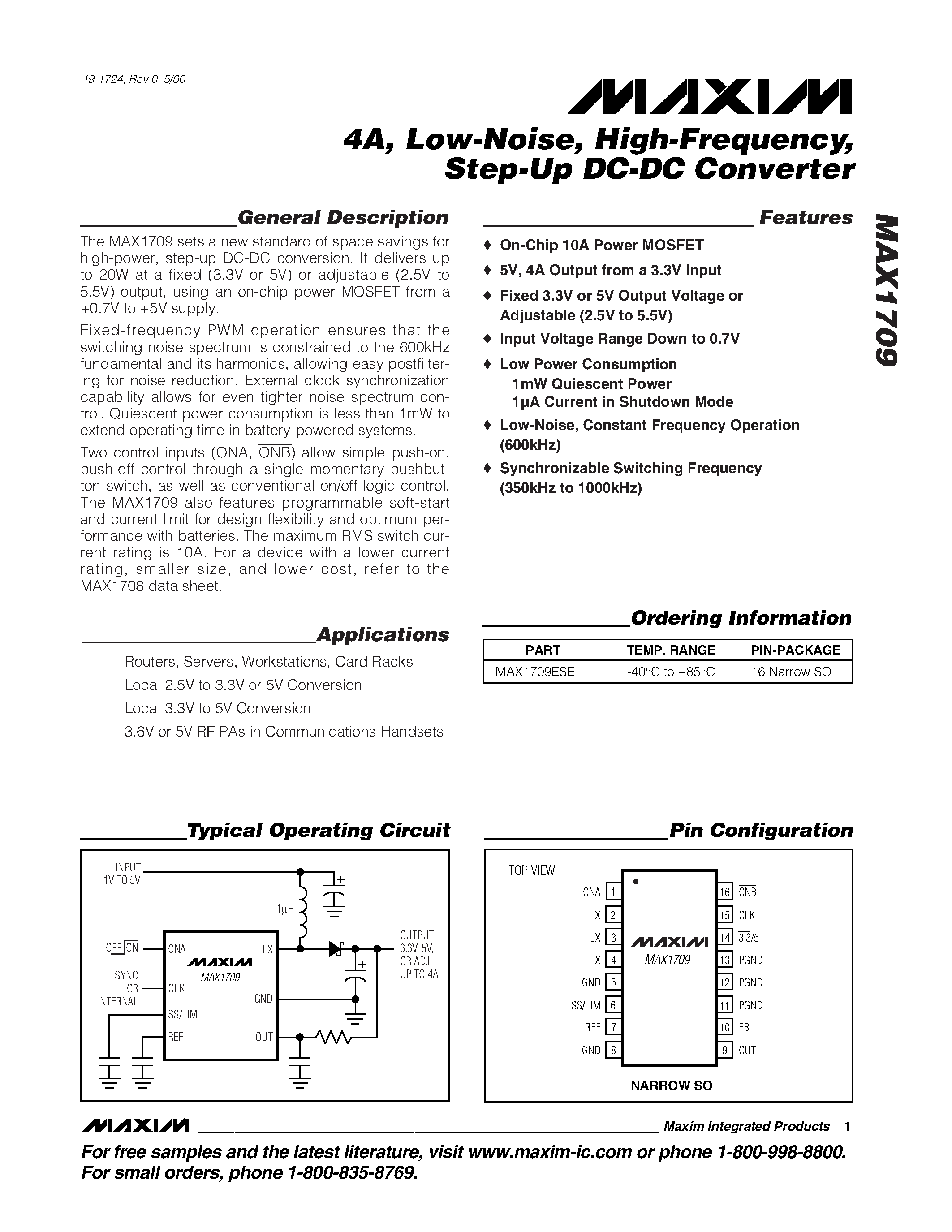Datasheet MAX1709 page 1 Datasheet MAX1709 - 4A / Low-Noise / High-Frequency / Step-Up DC-DC Converter page 1