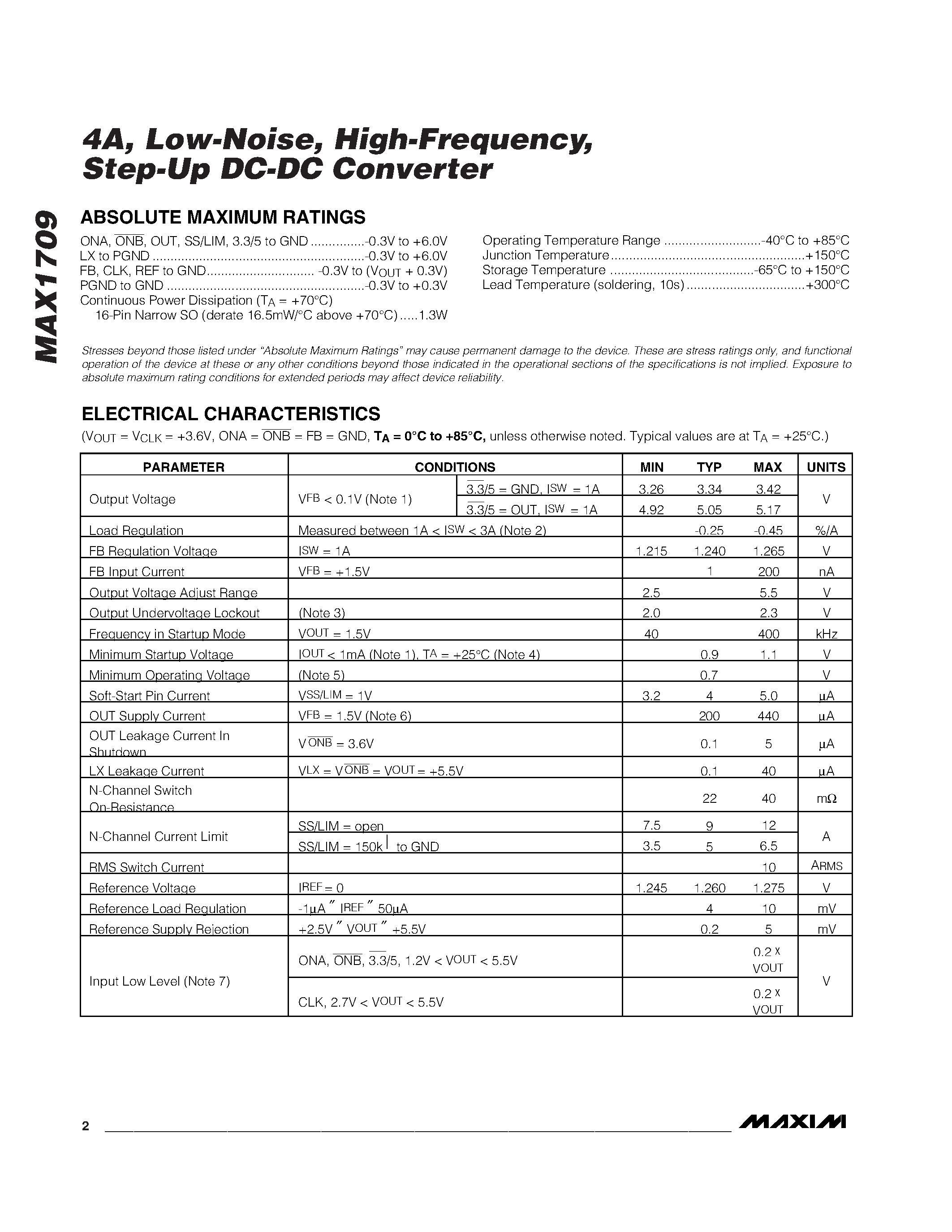 Datasheet MAX1709 page 2 Datasheet MAX1709 - 4A / Low-Noise / High-Frequency / Step-Up DC-DC Converter page 2