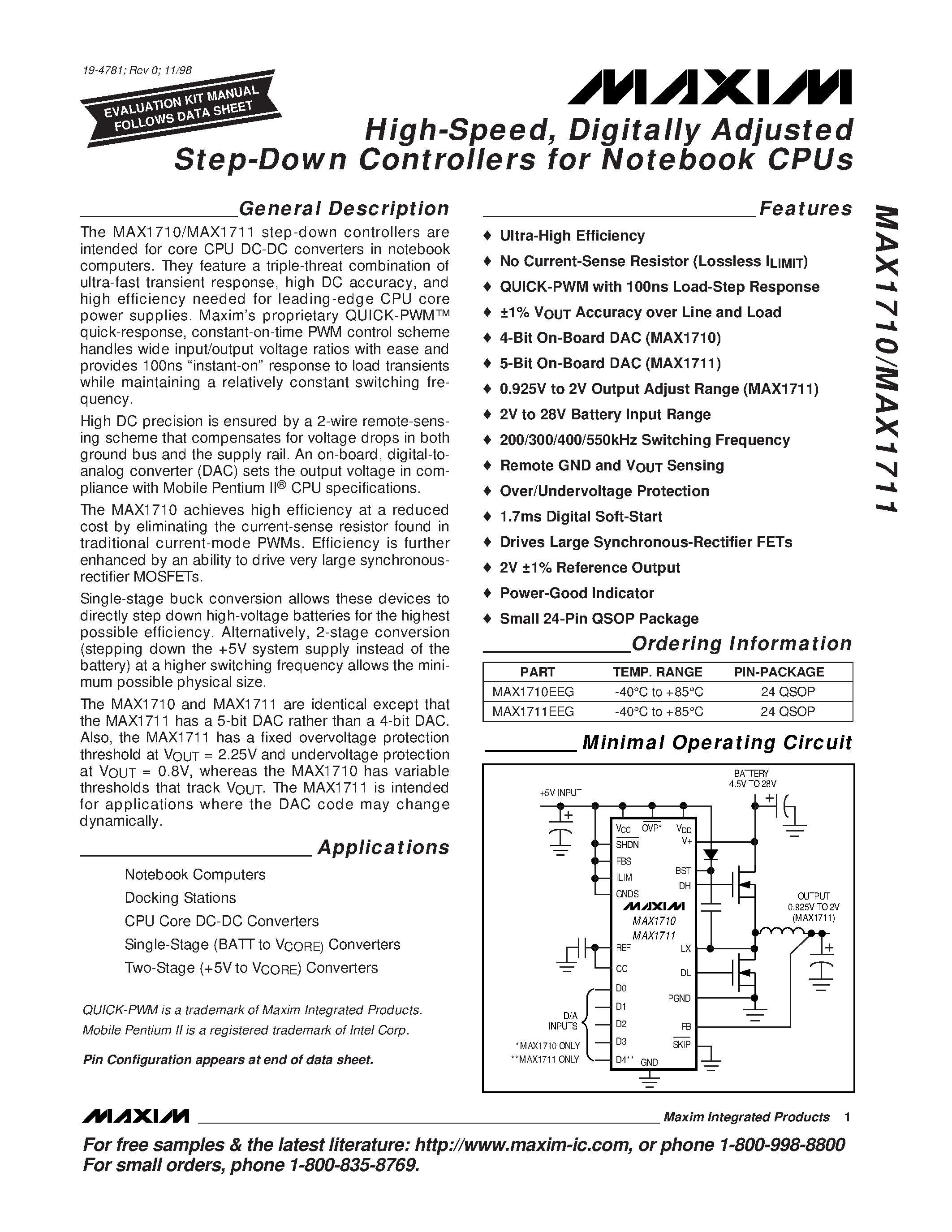 Datasheet MAX1711EEG page 1 Datasheet MAX1711EEG - High-Speed / Digitally Adjusted Step-Down Controllers for Notebook CPUs page 1