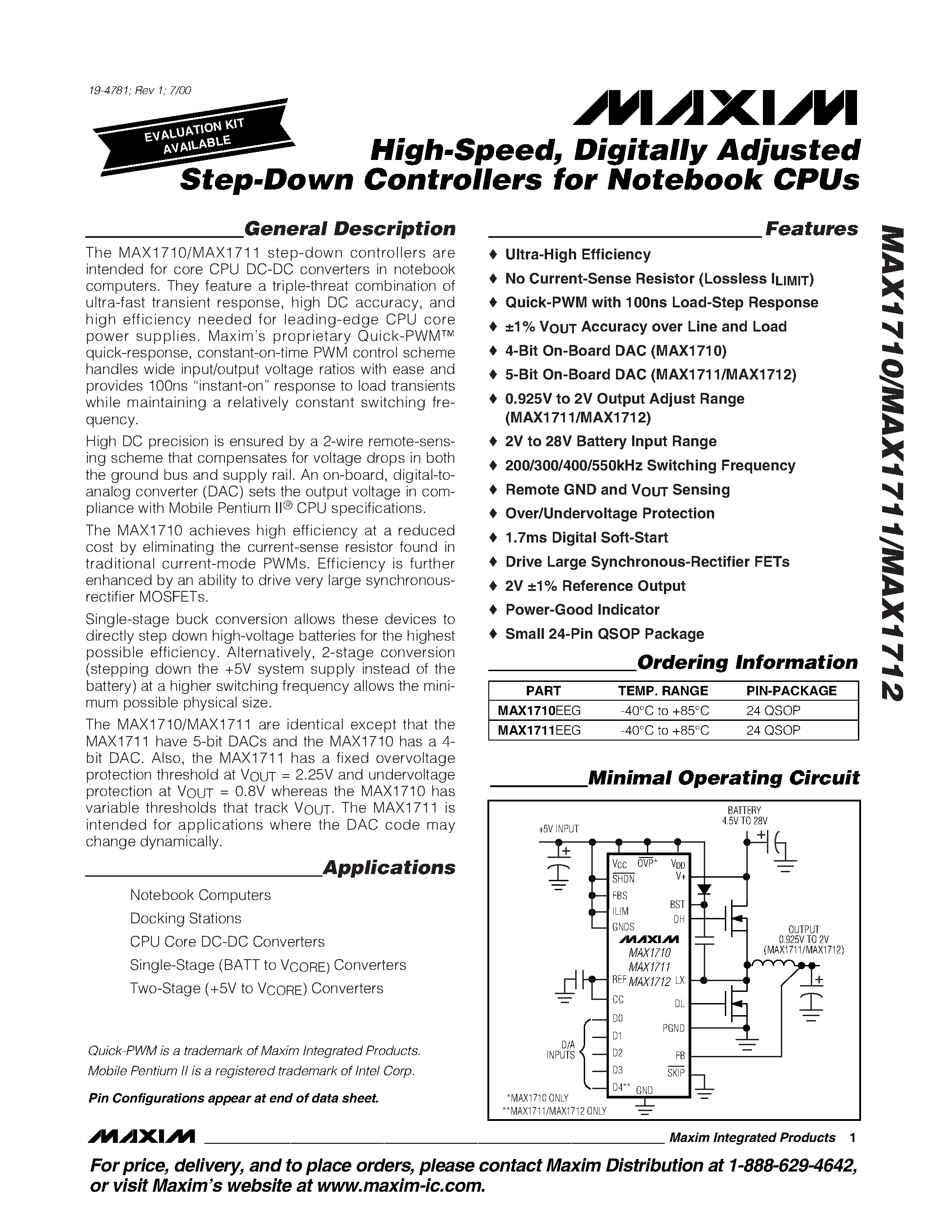 Datasheet MAX1712 - High-Speed / Digitally Adjusted Step-Down Controllers for Notebook CPUs page 1
