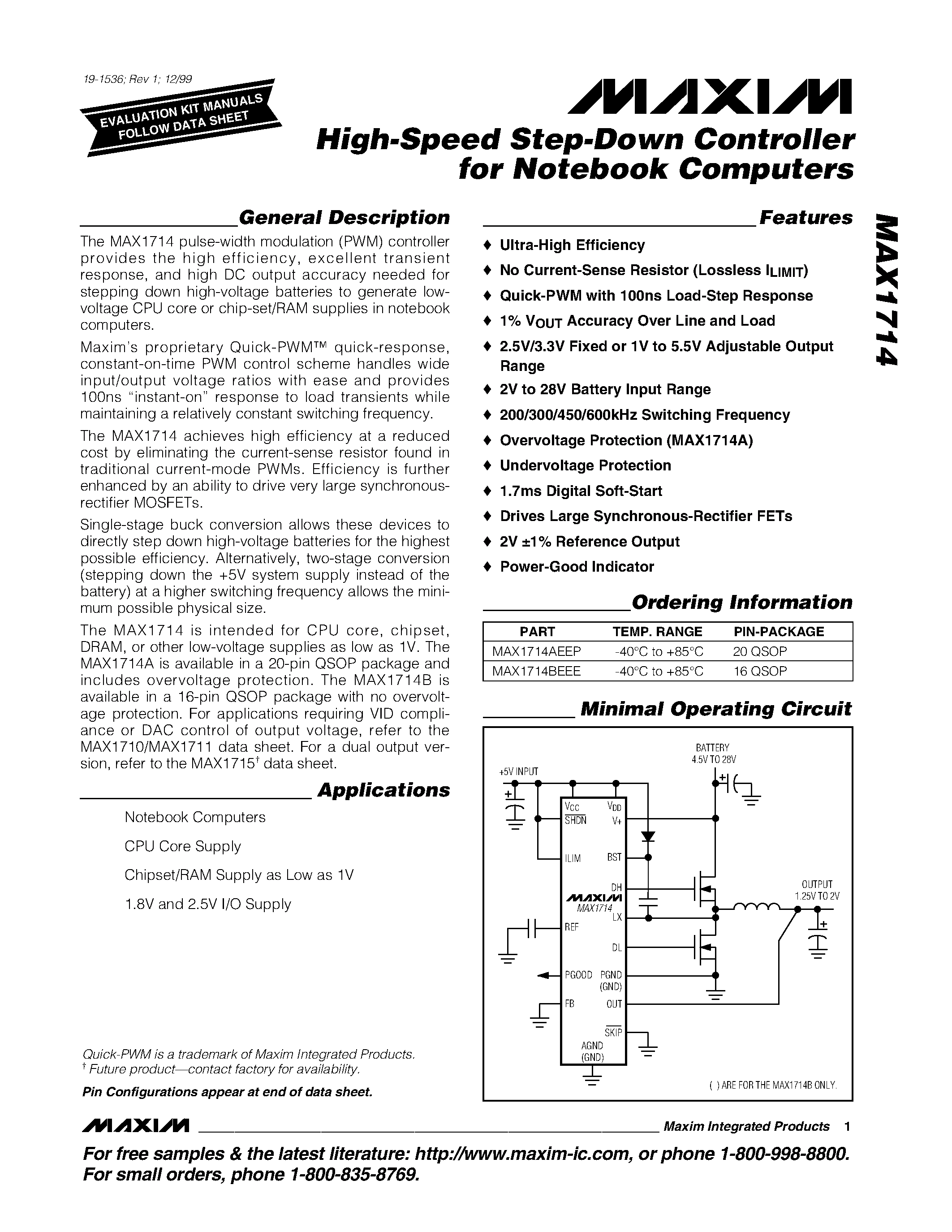 Даташит на микросхему MAX1714BEEE страница 1 Даташит MAX1714BEEE - High-Speed Step-Down Controller for Notebook Computers страница 1