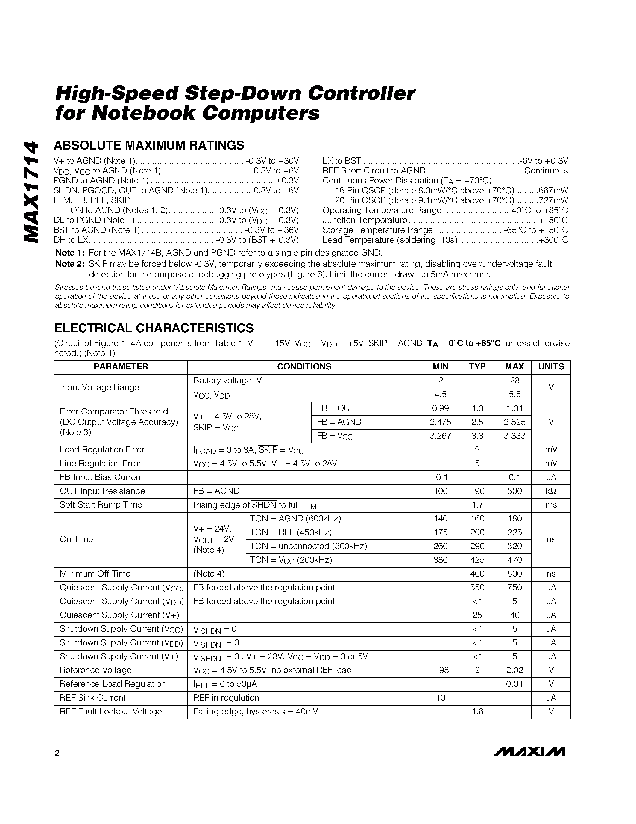 Даташит на микросхему MAX1714BEEE страница 2 Даташит MAX1714BEEE - High-Speed Step-Down Controller for Notebook Computers страница 2