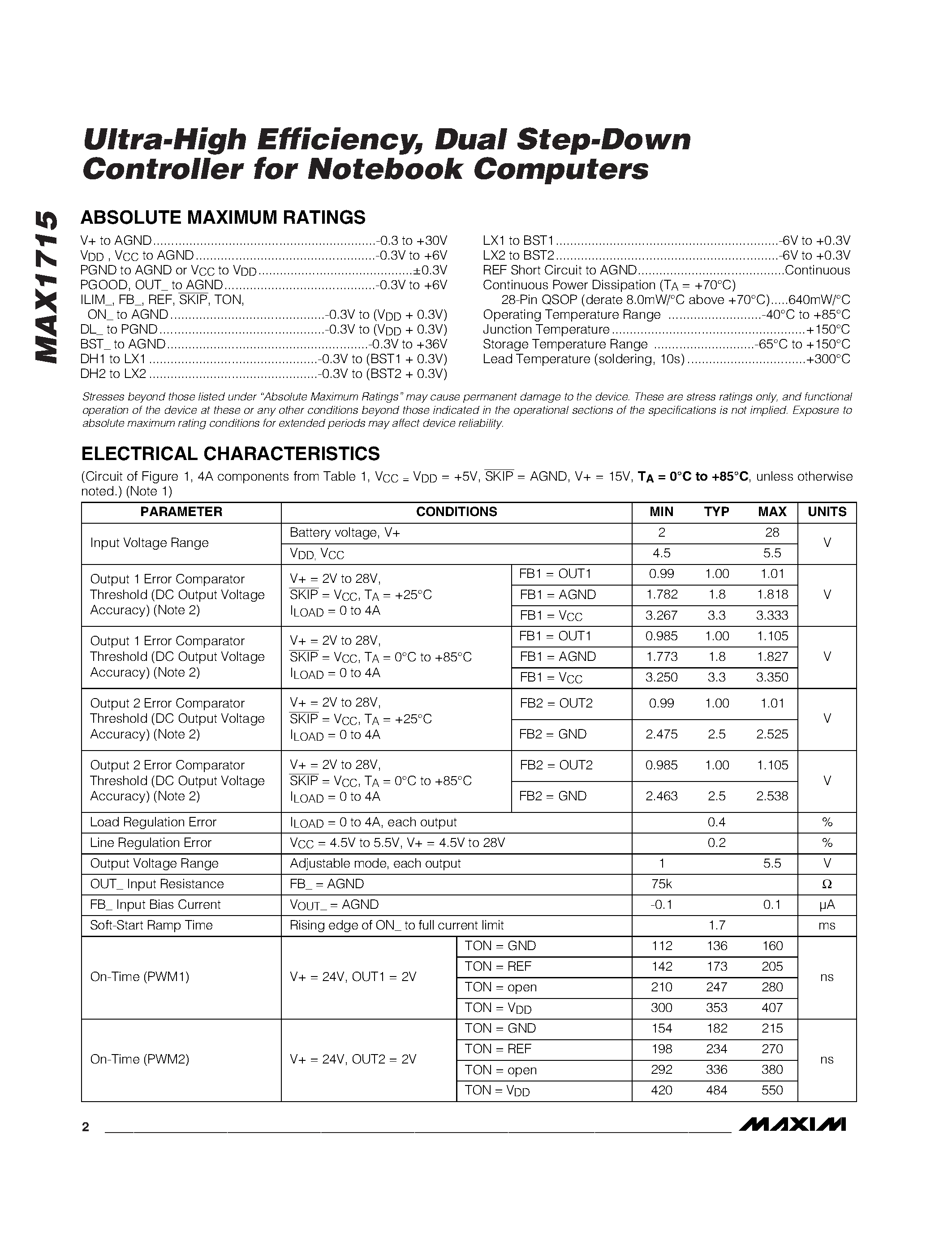 Даташит на микросхему MAX1715 страница 2 Даташит MAX1715 - Ultra-High Efficiency / Dual Step-Down Controller for Notebook Computers страница 2