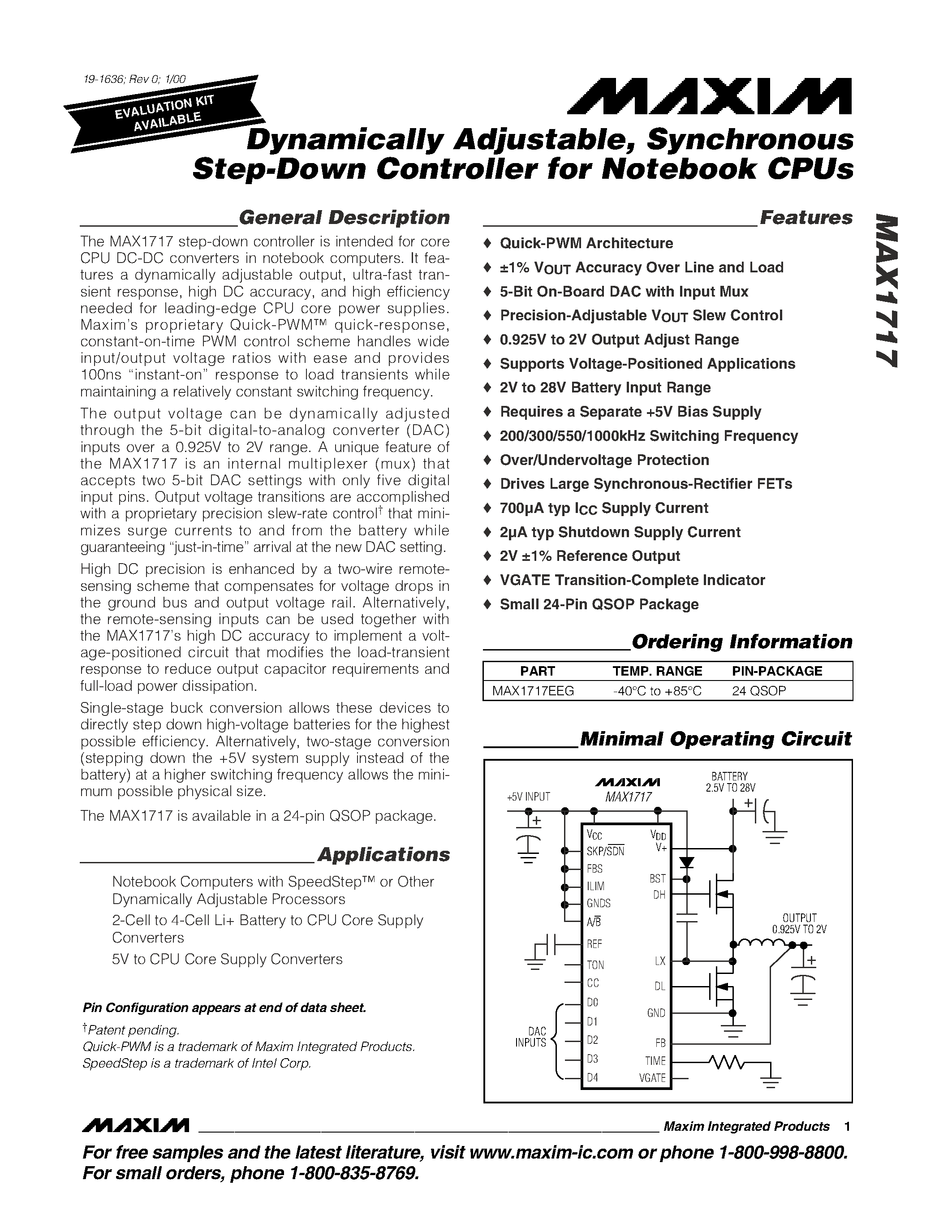 Datasheet MAX1717 - Dynamically Adjustable / Synchronous Step-Down Controller for Notebook CPUs page 1