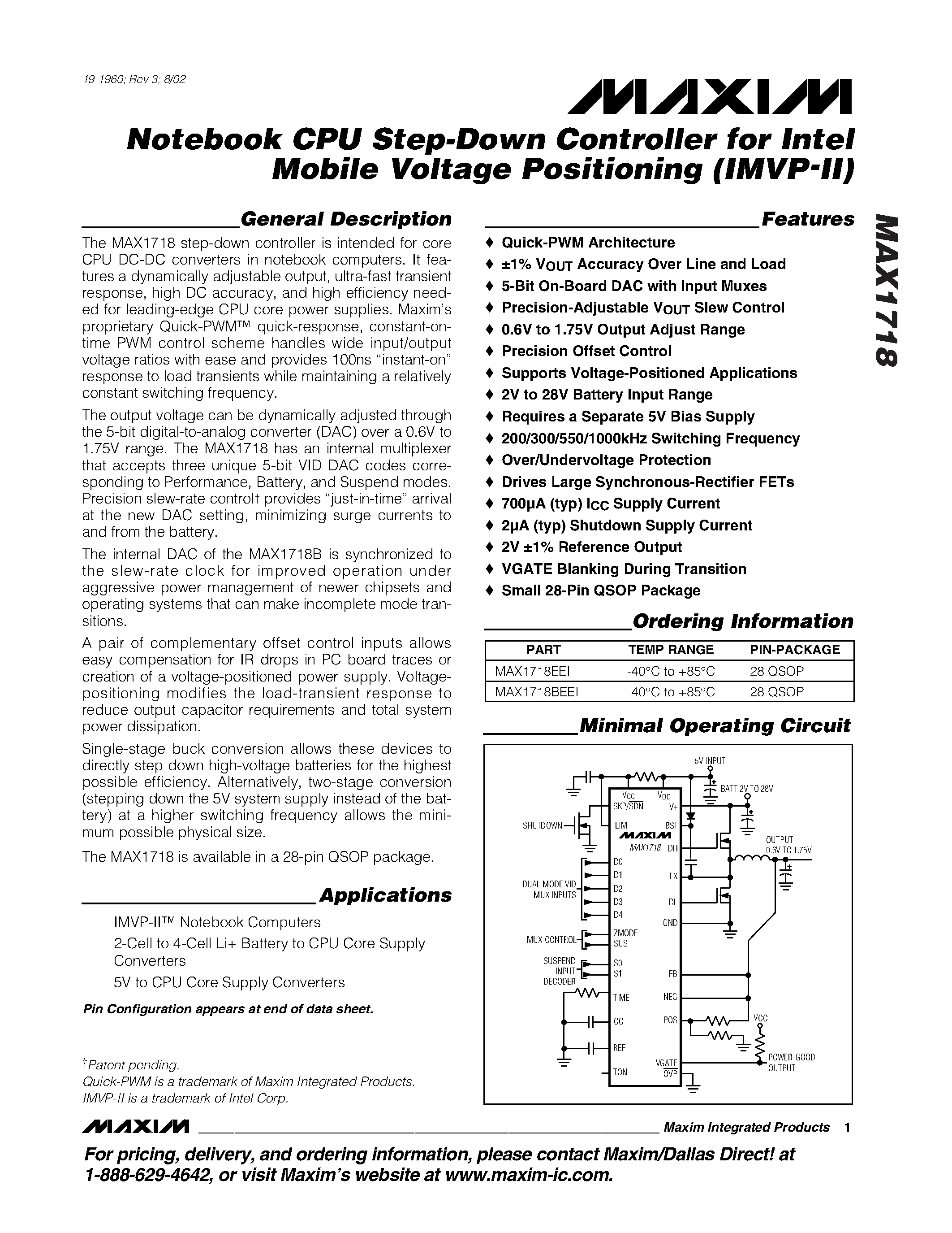 Даташит на микросхему MAX1718 страница 1 Даташит MAX1718 - Notebook CPU Step-Down Controller for Intel Mobile Voltage Positioning IMVP-II страница 1