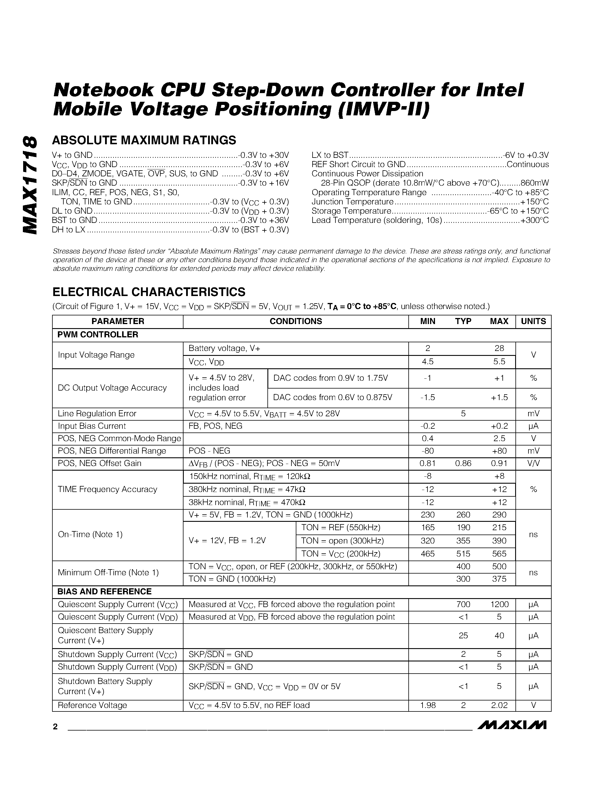 Даташит на микросхему MAX1718 страница 2 Даташит MAX1718 - Notebook CPU Step-Down Controller for Intel Mobile Voltage Positioning IMVP-II страница 2