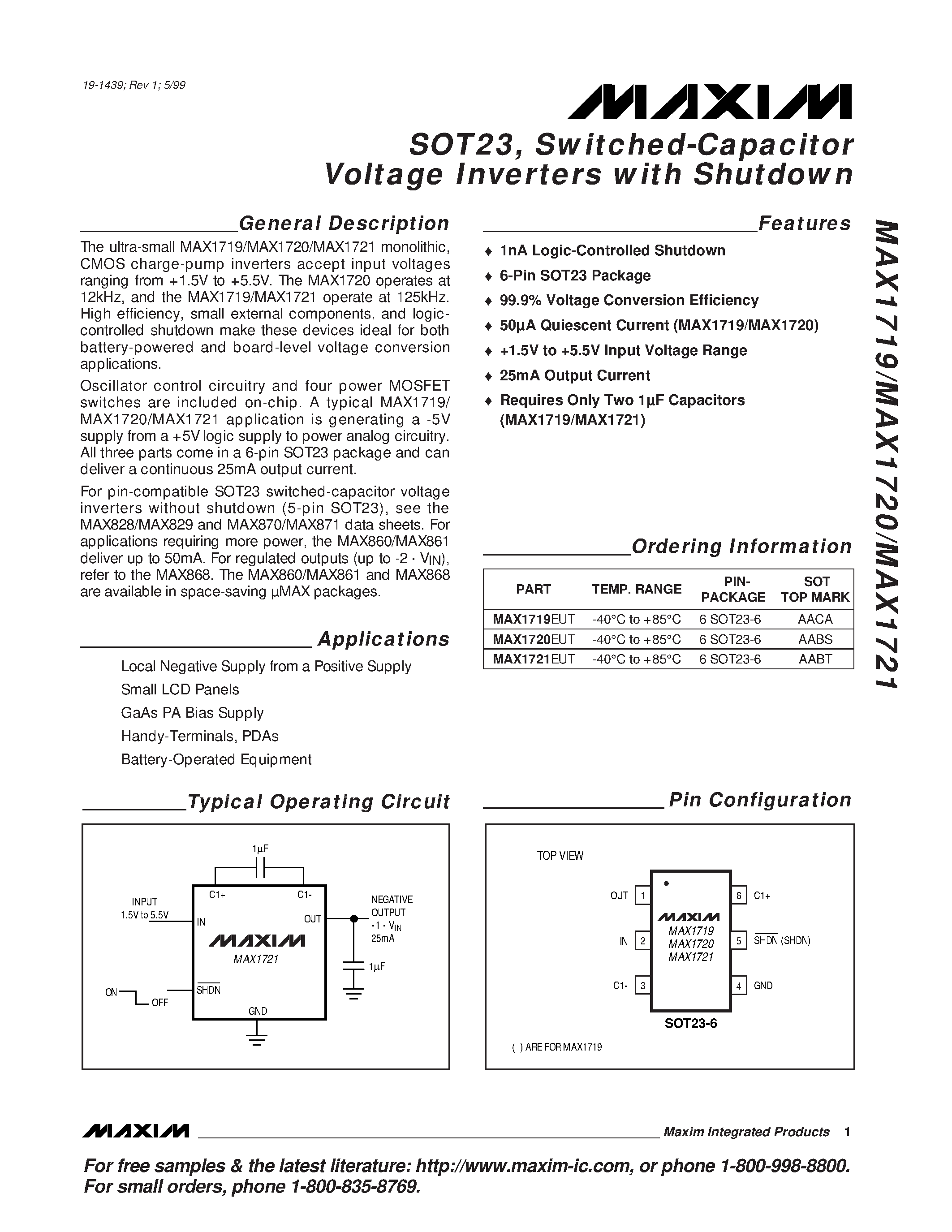 Datasheet MAX1720EUT - SOT23 / Switched-Capacitor Voltage Inverters with Shutdown page 1