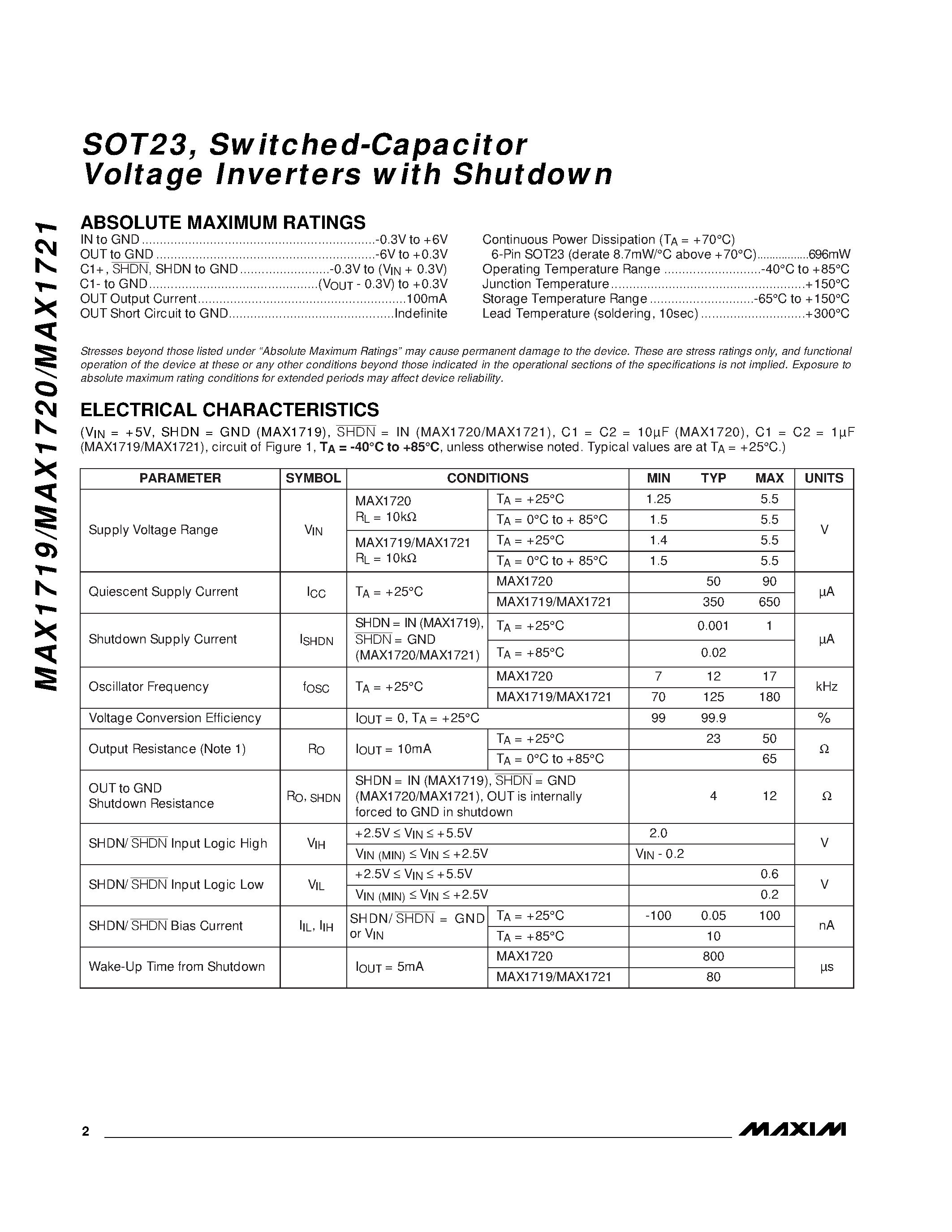 Datasheet MAX1720EUT - SOT23 / Switched-Capacitor Voltage Inverters with Shutdown page 2