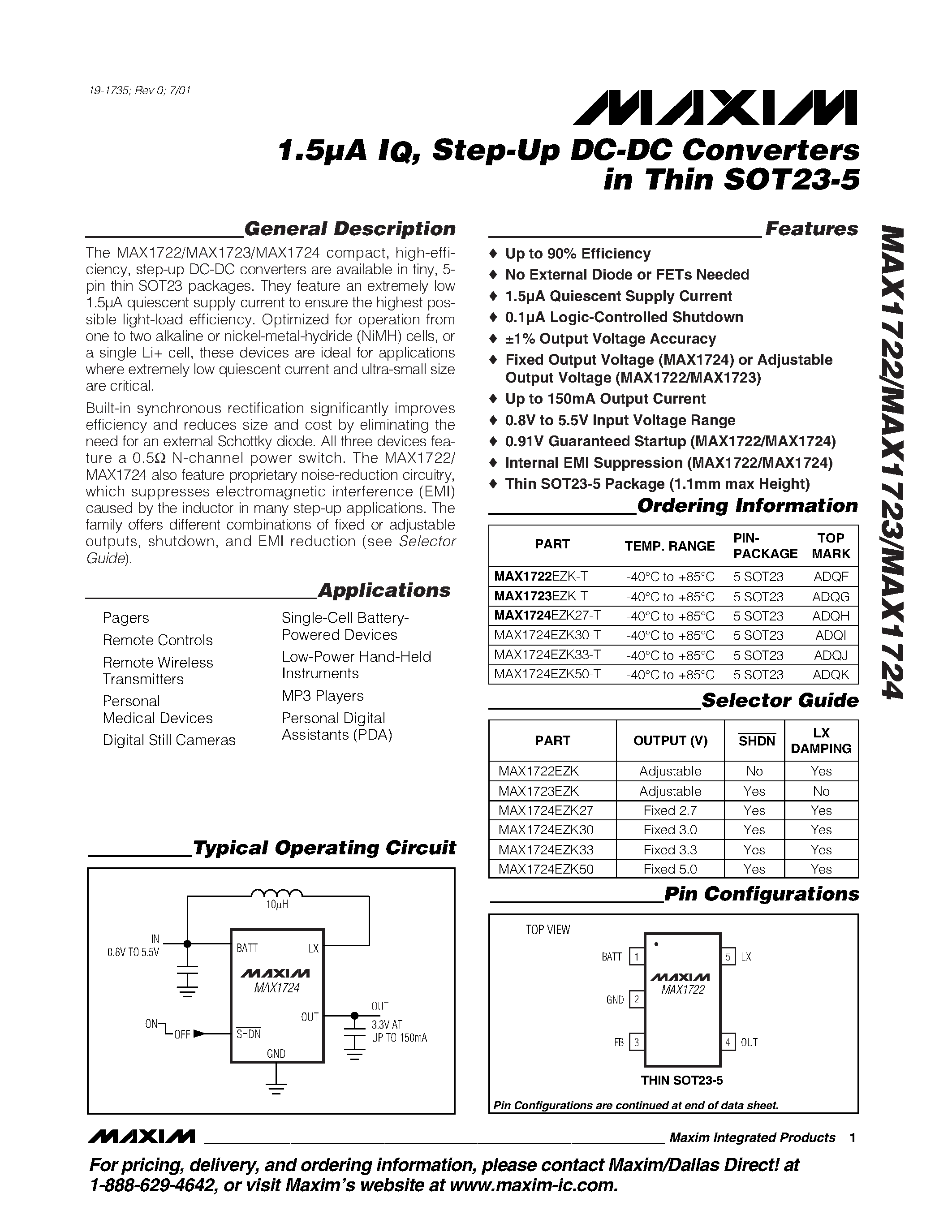 Datasheet MAX1723EZK-T page 1 Datasheet MAX1723EZK-T - 1.5uA IQ / Step-Up DC-DC Converters in Thin SOT23-5 page 1