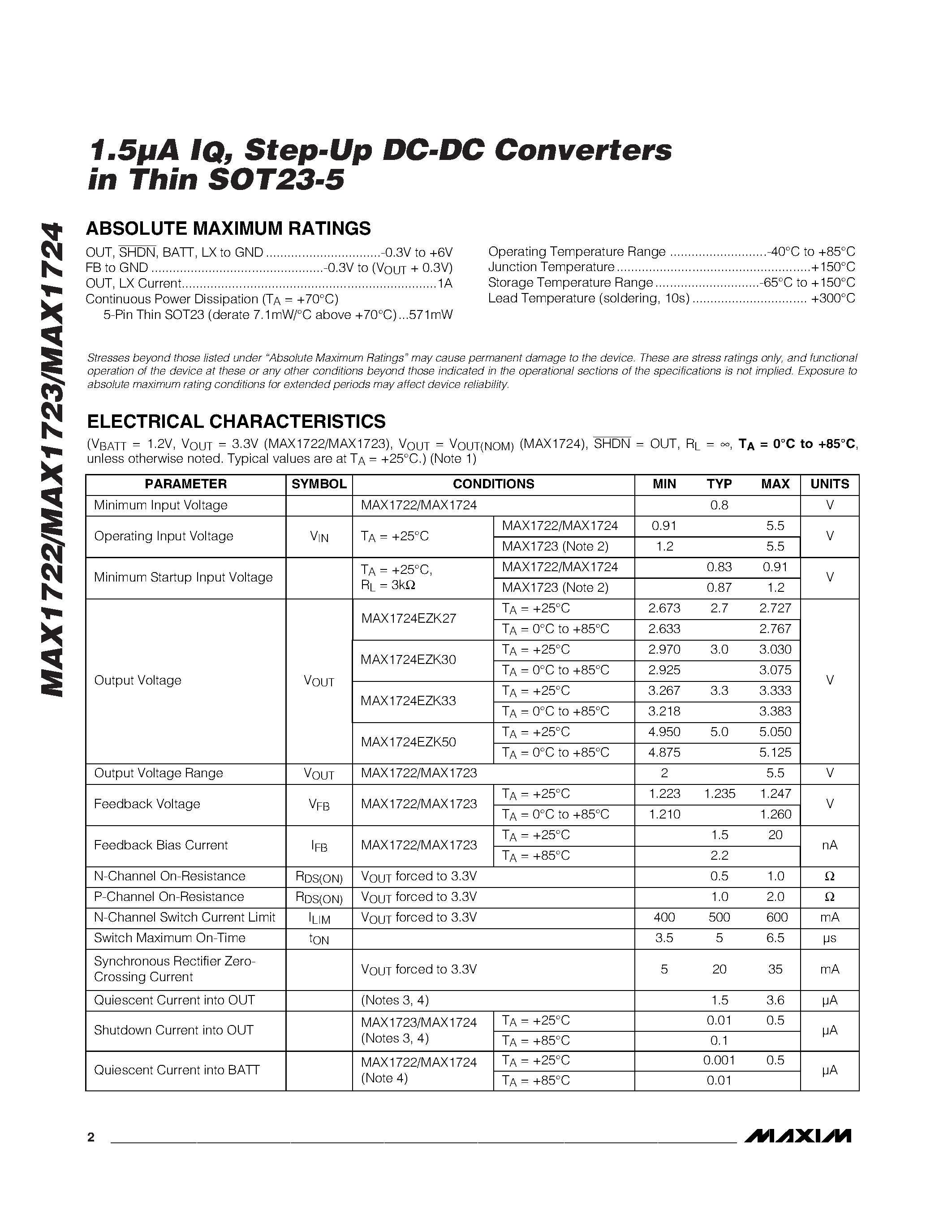 Даташит MAX1724EZK50 - 1.5uA IQ / Step-Up DC-DC Converters in Thin SOT23-5 страница 2