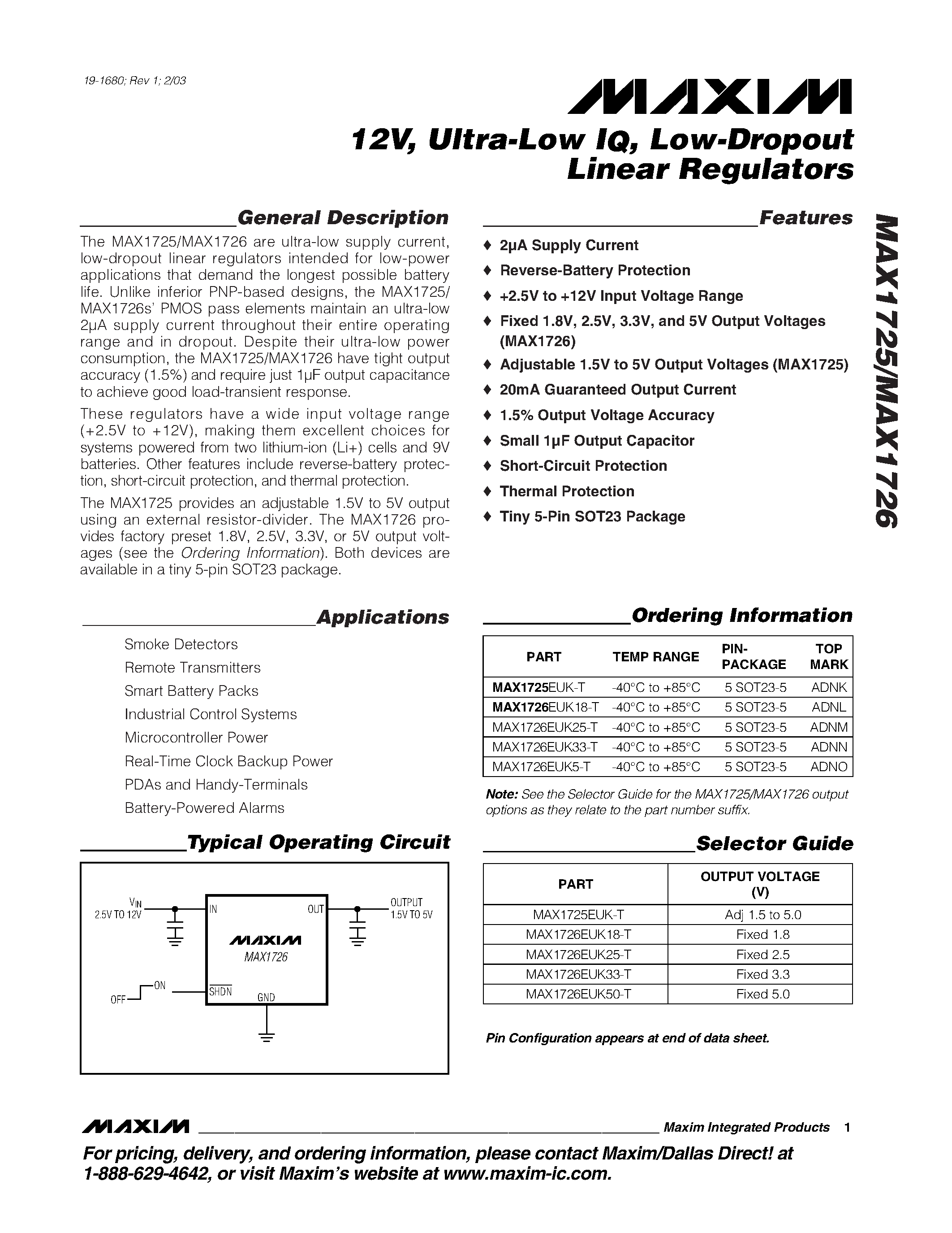 Datasheet MAX1726EUK50-T page 1 Datasheet MAX1726EUK50-T - 12V / Ultra-Low IQ / Low-Dropout Linear Regulators page 1