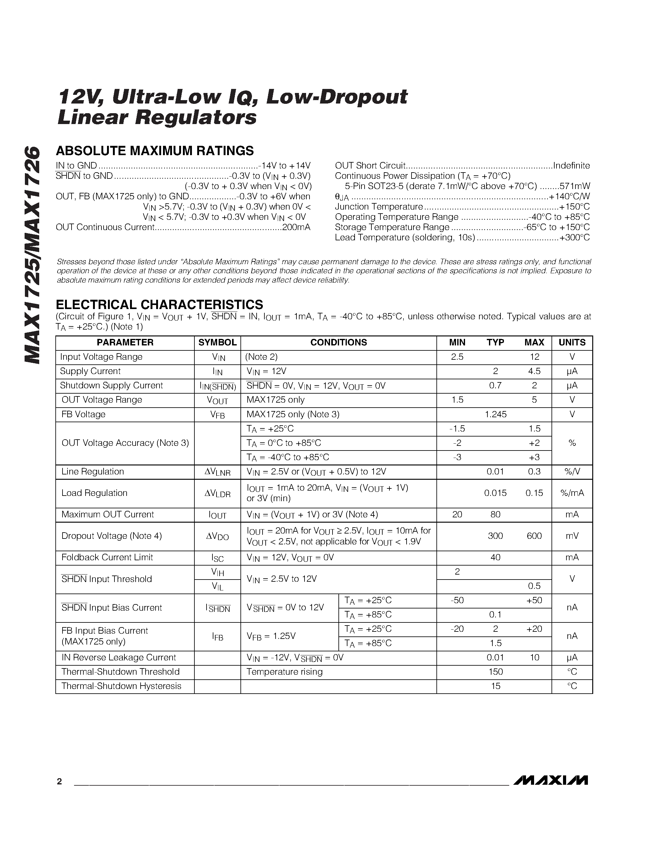 Datasheet MAX1726EUK50-T page 2 Datasheet MAX1726EUK50-T - 12V / Ultra-Low IQ / Low-Dropout Linear Regulators page 2