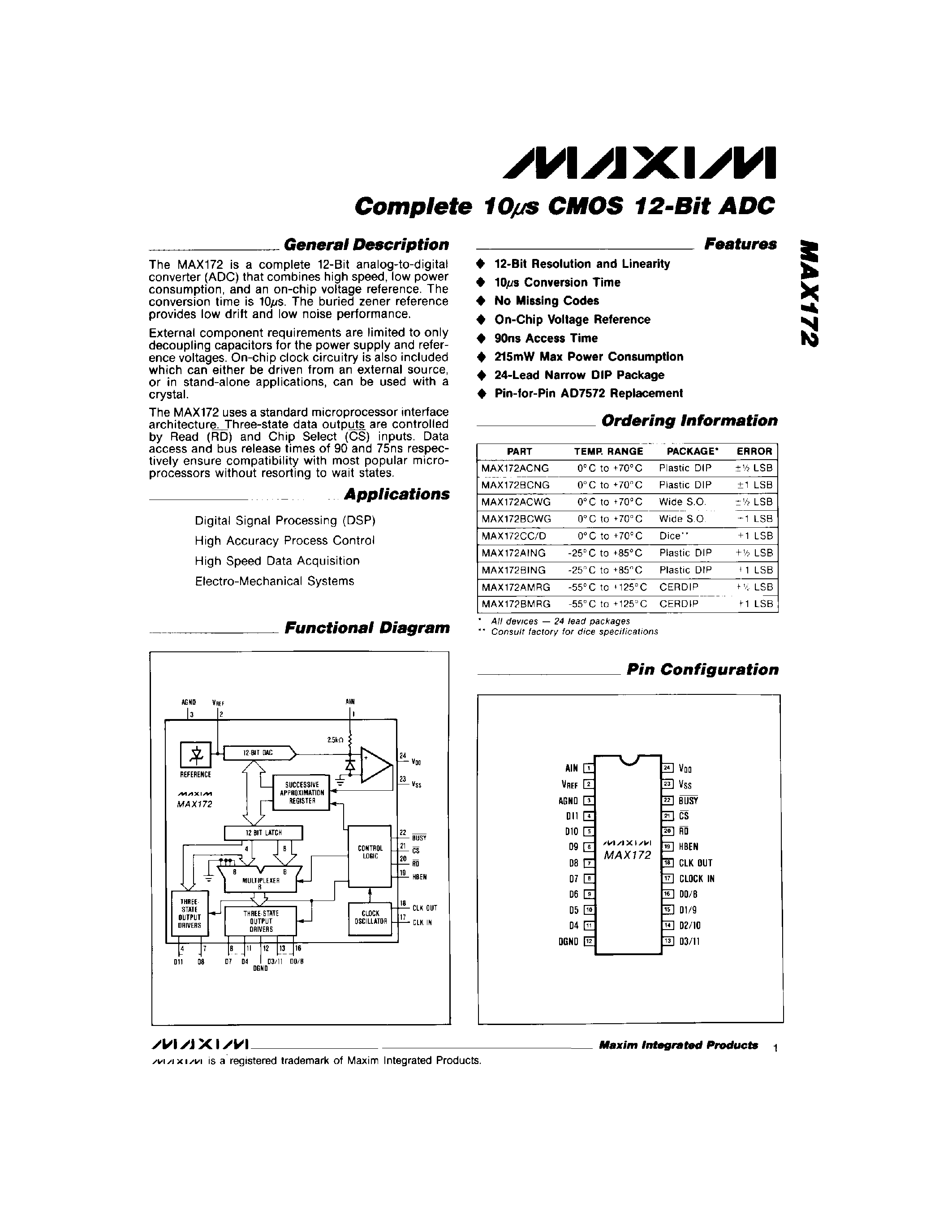 Datasheet MAX172BMRG - Complete 10s CMOS 12-Bit ADC page 1