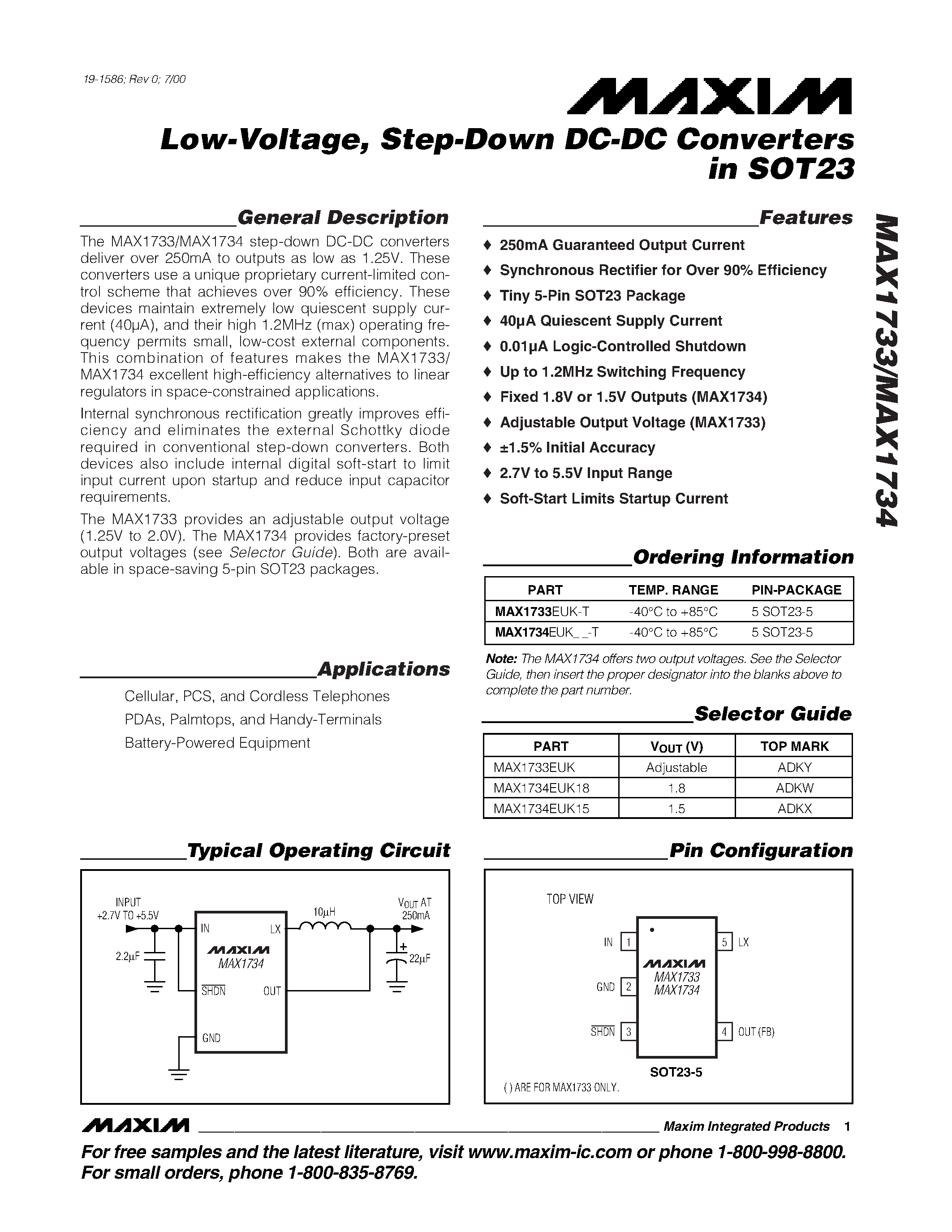 Даташит на микросхему MAX1733EUK страница 1 Даташит MAX1733EUK - Low-Voltage / Step-Down DC-DC Converters in SOT23 страница 1