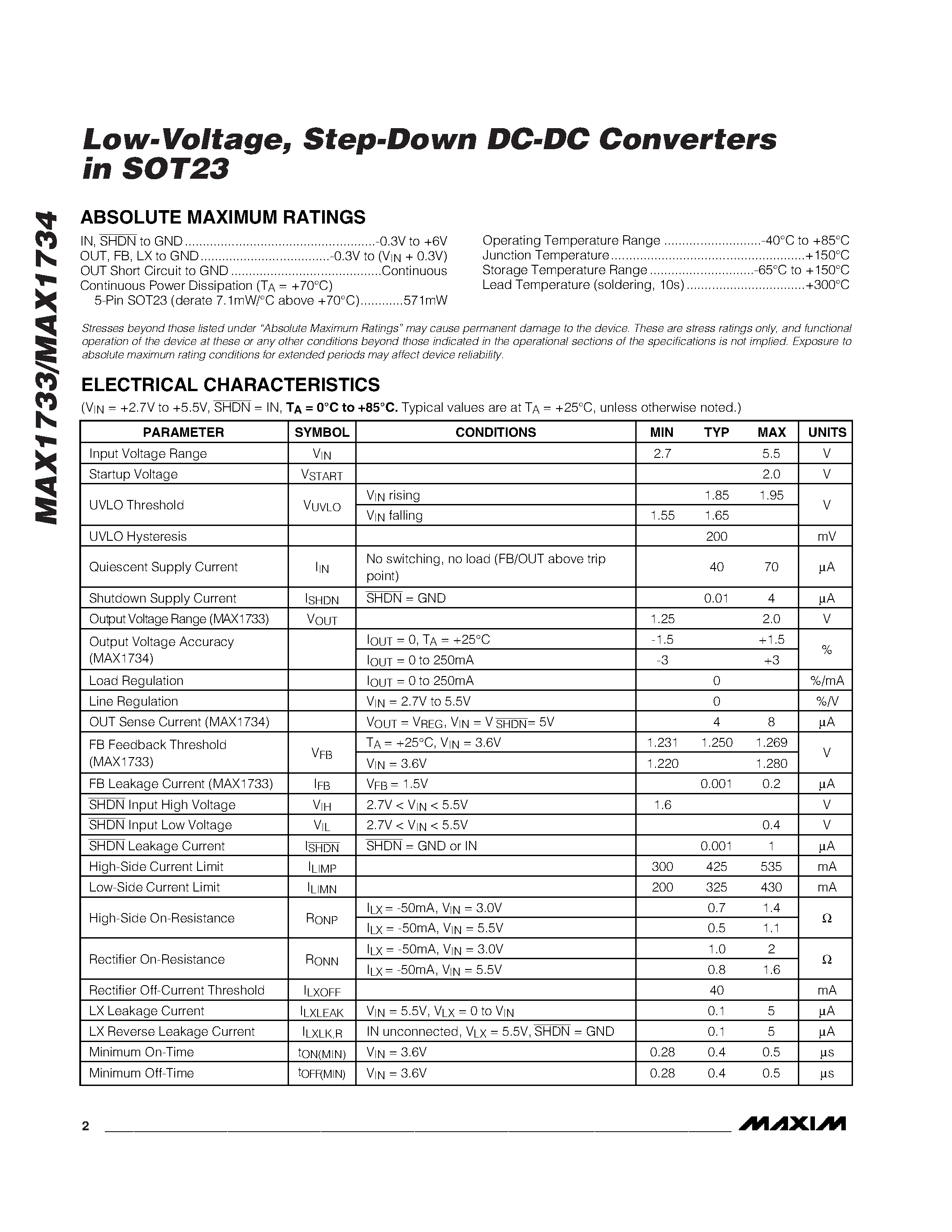 Даташит на микросхему MAX1733EUK страница 2 Даташит MAX1733EUK - Low-Voltage / Step-Down DC-DC Converters in SOT23 страница 2