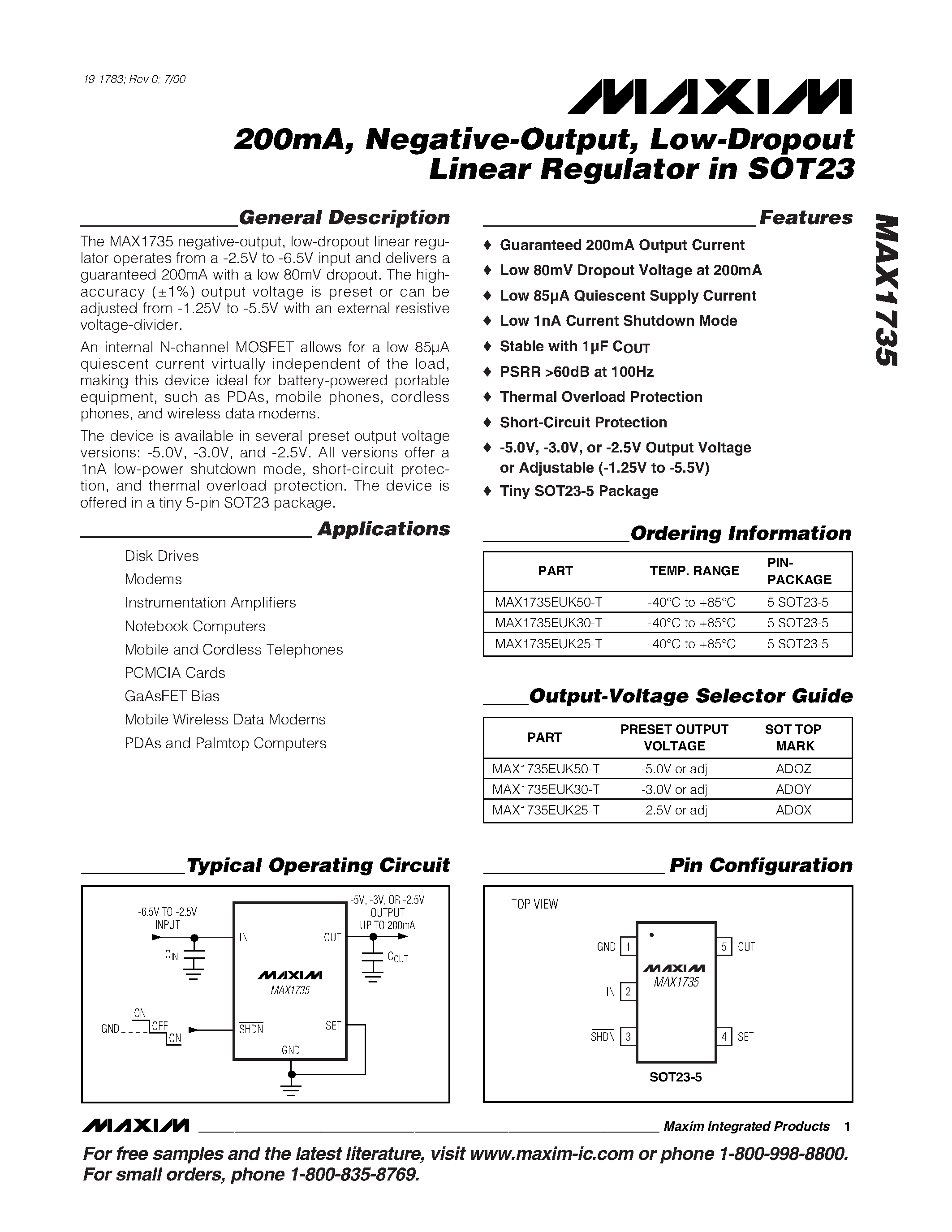 Datasheet MAX1735EUK30-T - 200mA / Negative-Output / Low-Dropout Linear Regulator in SOT23 page 1