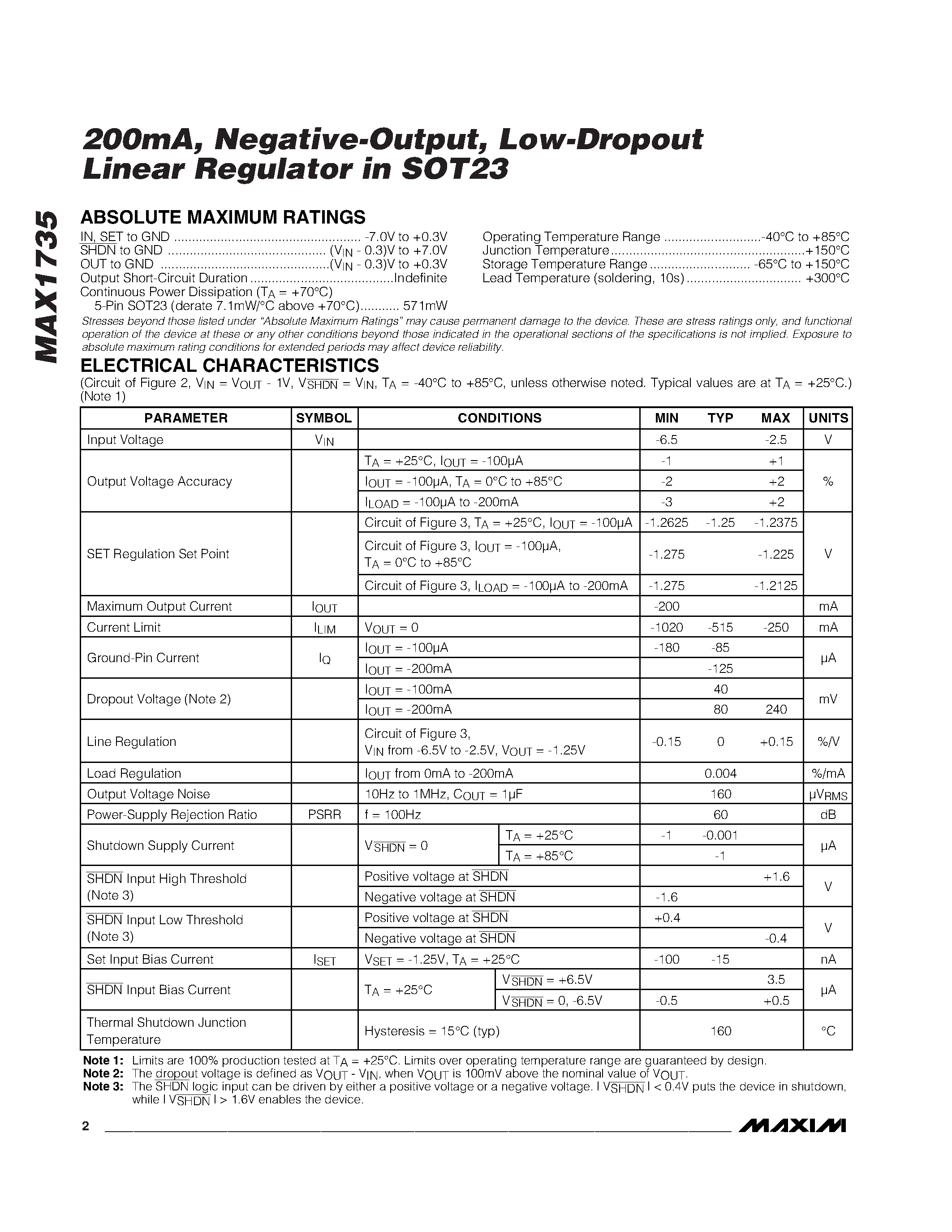 Datasheet MAX1735EUK50-T - 200mA / Negative-Output / Low-Dropout Linear Regulator in SOT23 page 2