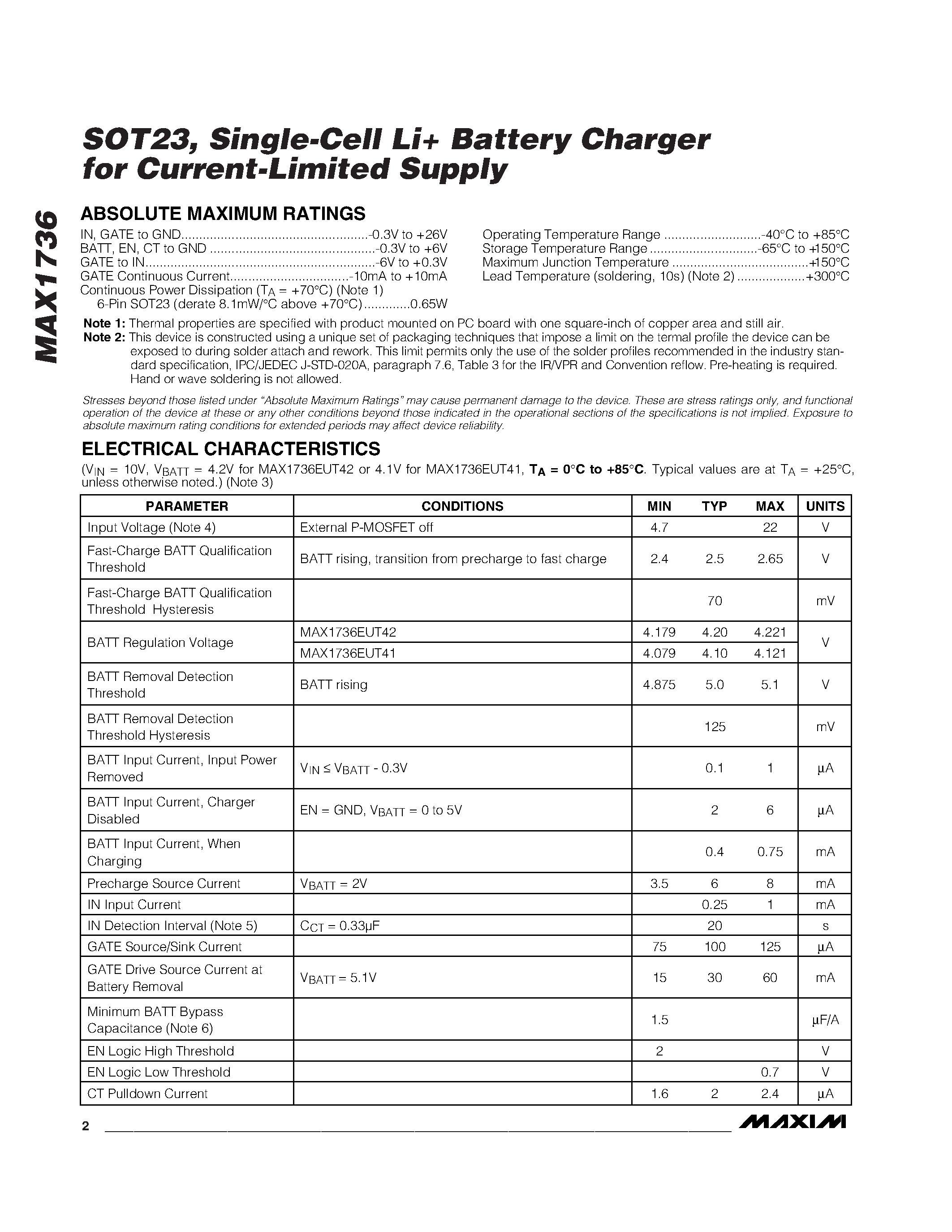 Datasheet MAX1736EUT42-T page 2 Datasheet MAX1736EUT42-T - SOT23 / Single-Cell Li+ Battery Charger for Current-Limited Supply page 2