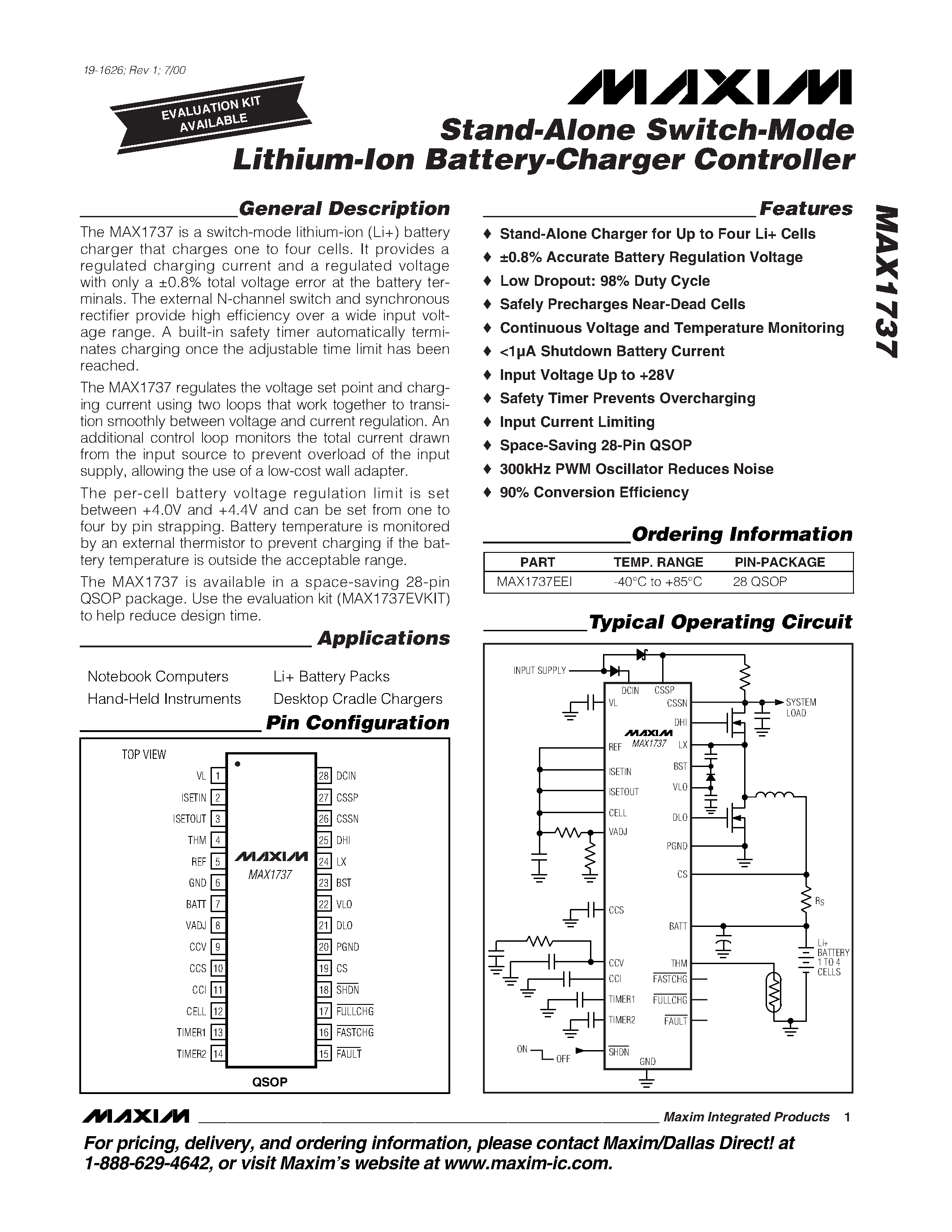 Datasheet MAX1737 - Stand-Alone Switch-Mode Lithium-Ion Battery-Charger Controller page 1