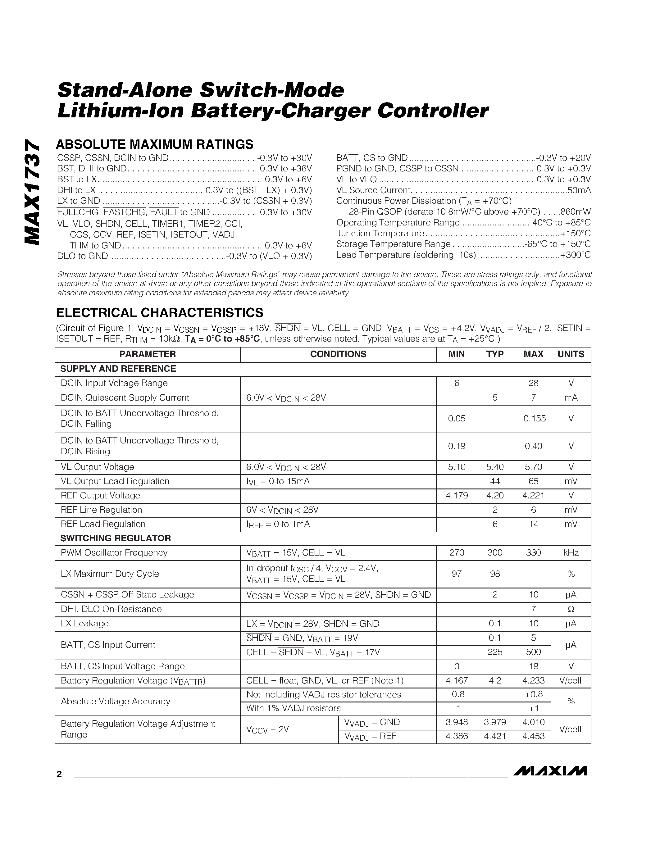 Datasheet MAX1737EEI - Stand-Alone Switch-Mode Lithium-Ion Battery-Charger Controller page 2