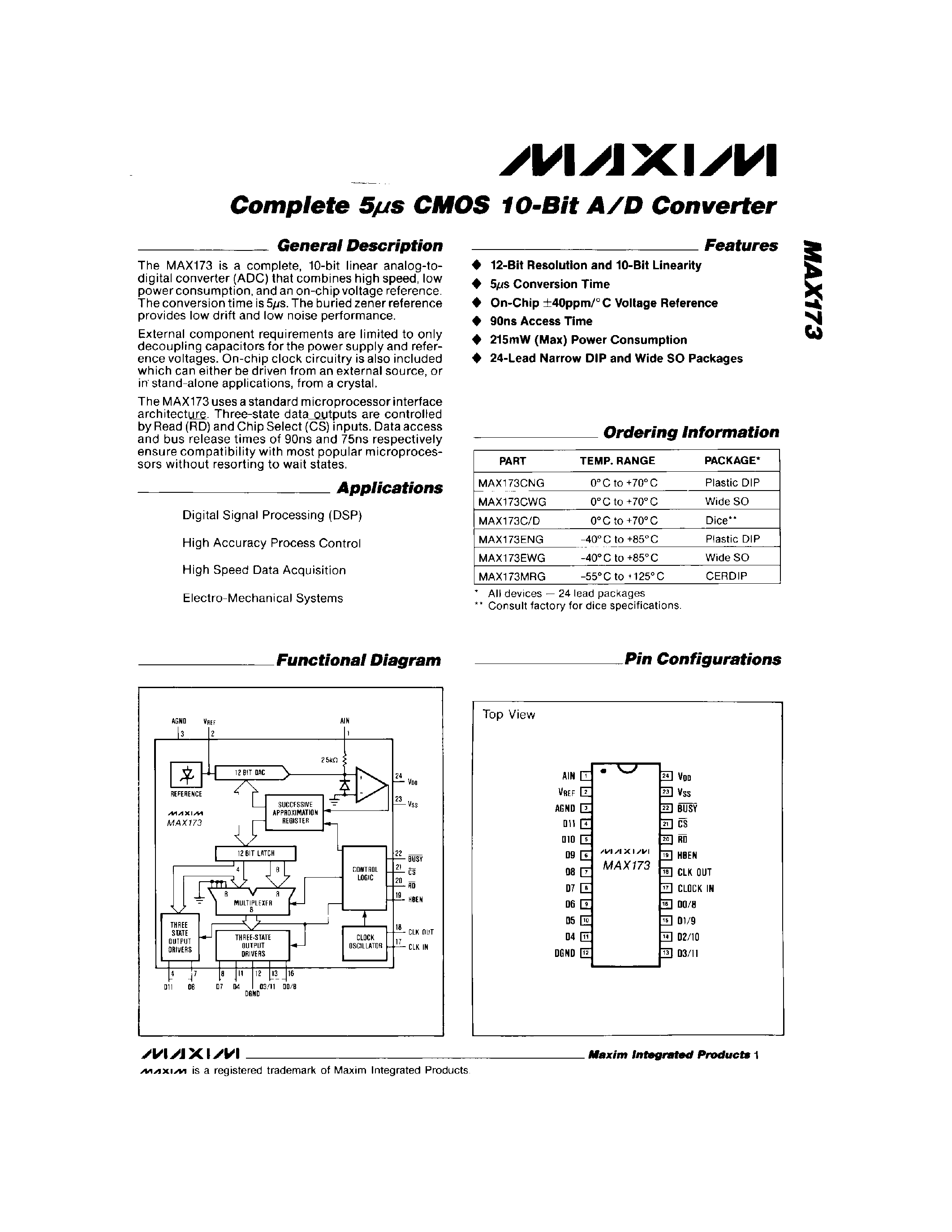 Даташит MAX173ENG - Complete 5s CMOS 10-Bit A/D Converter страница 1