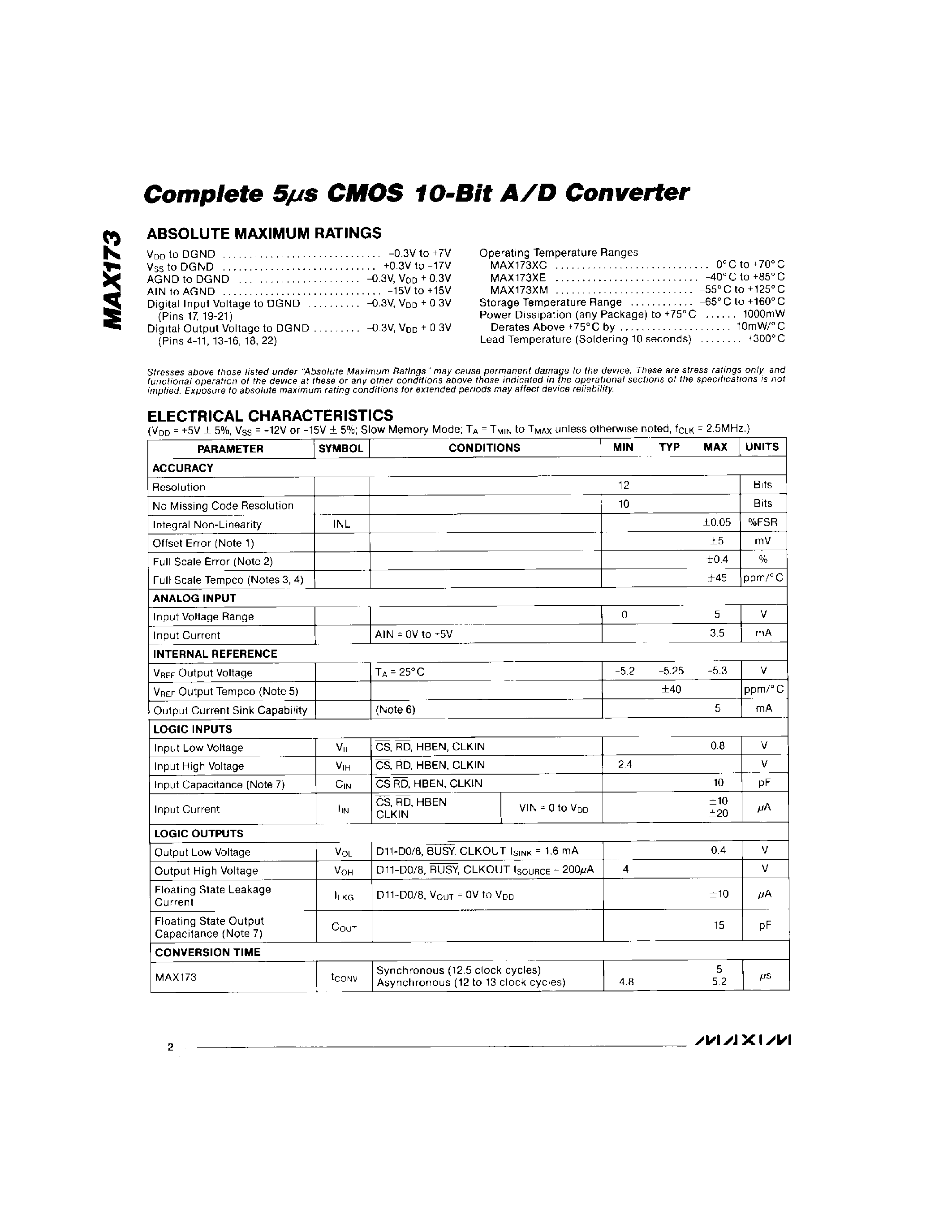 Даташит MAX173MRG - Complete 5s CMOS 10-Bit A/D Converter страница 2