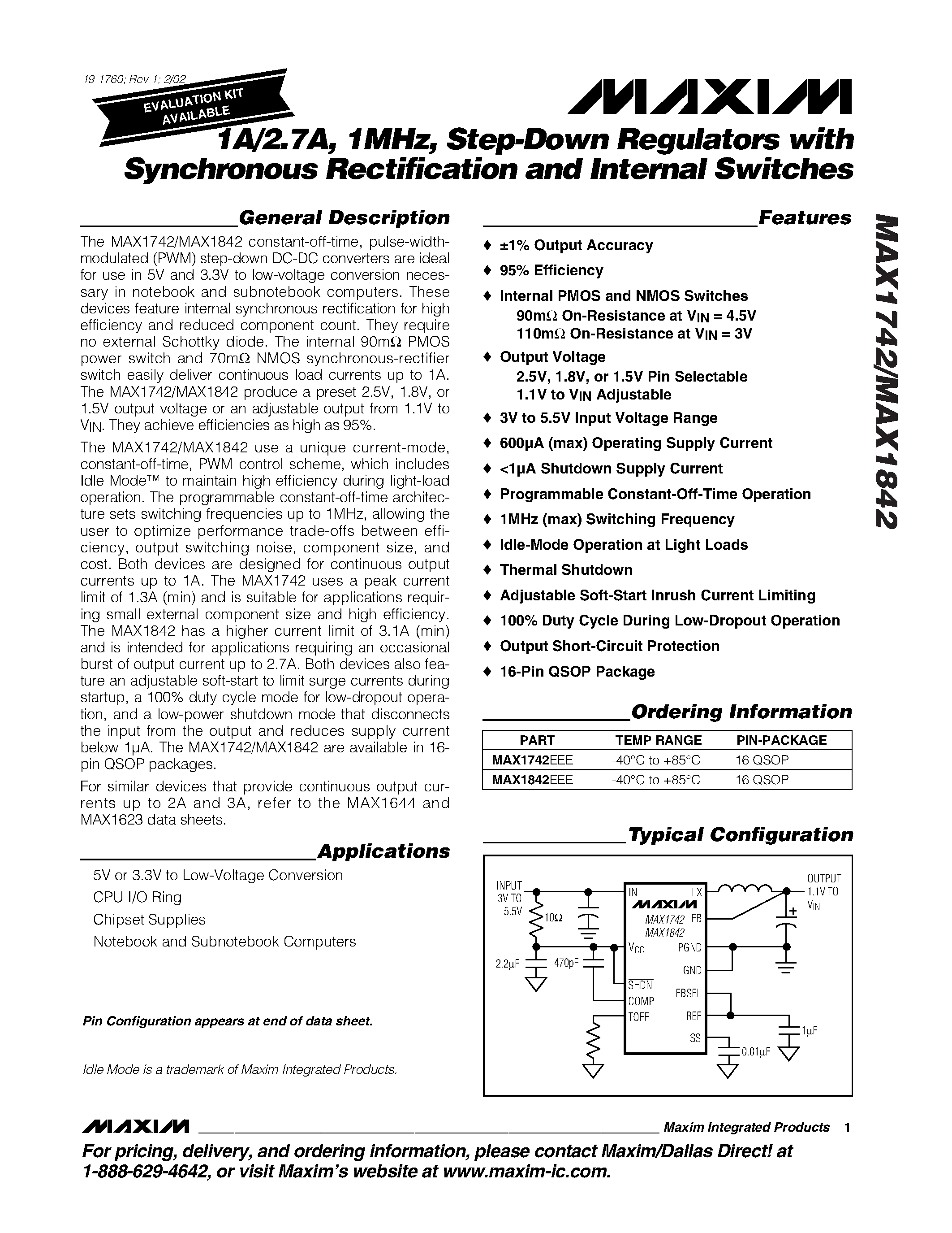 Даташит MAX1742 - 1A/2.7A / 1MHz / Step-Down Regulators with Synchronous Rectification and Internal Switches страница 1