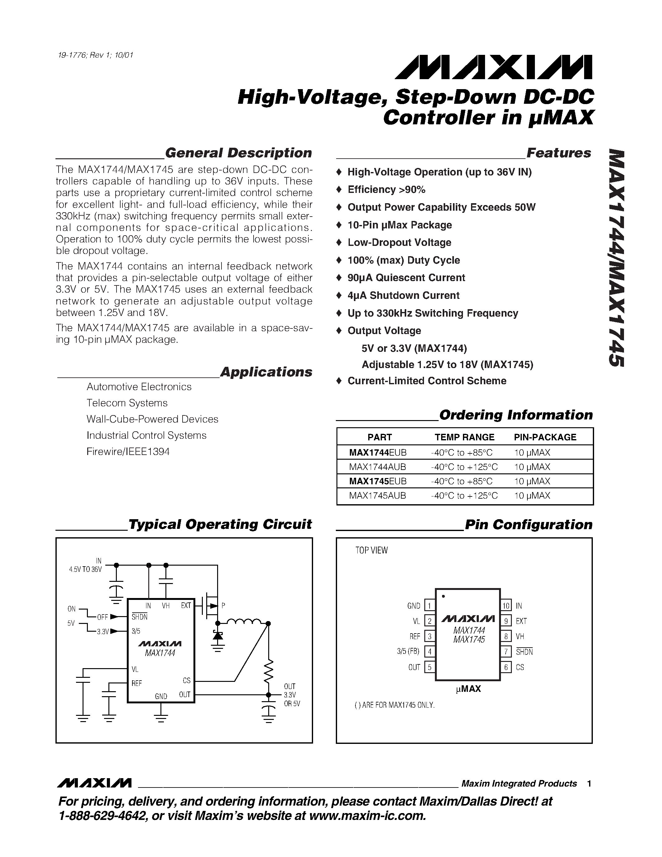 Даташит на микросхему MAX1744 страница 1 Даташит MAX1744 - High-Voltage / Step-Down DC-DC Controller in MAX страница 1