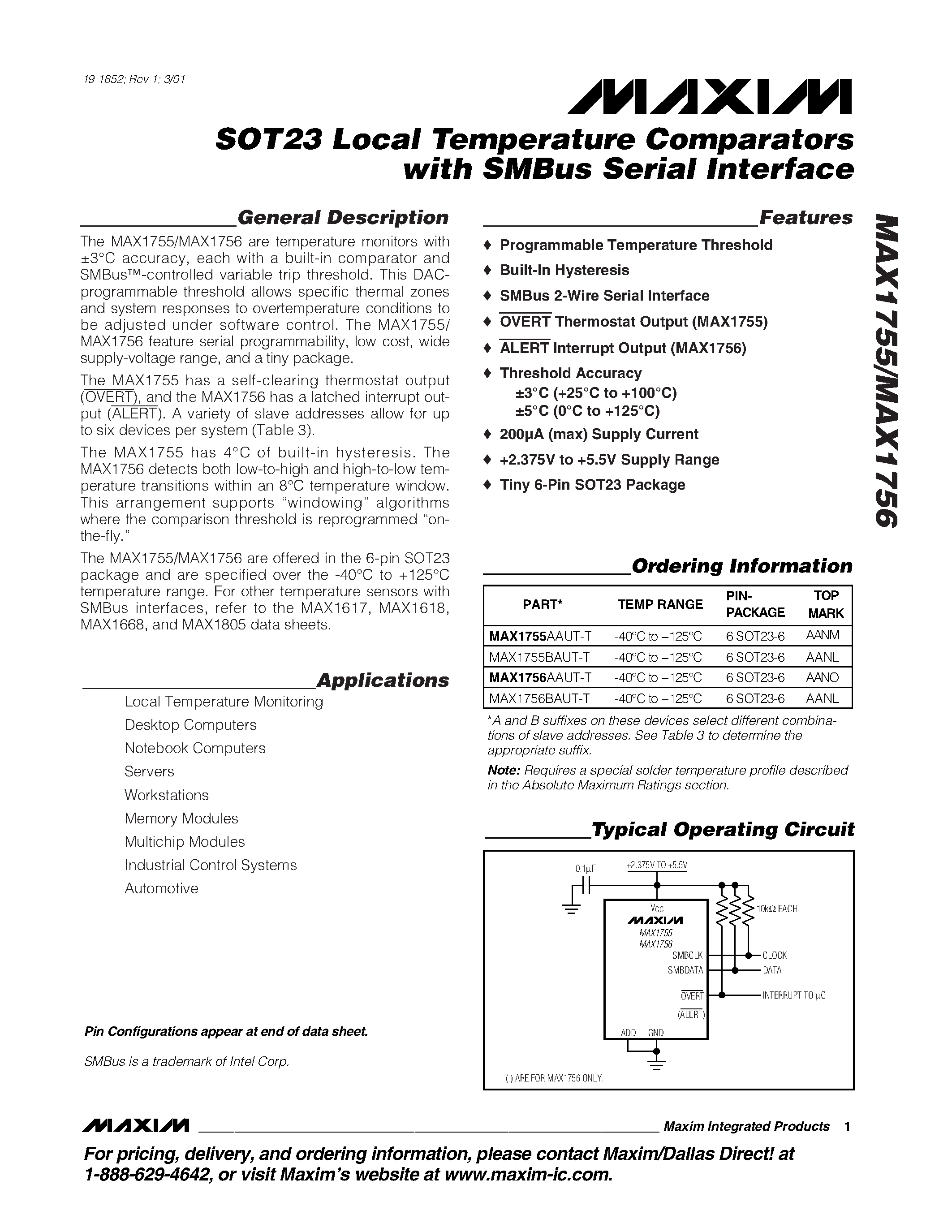 Даташит MAX1755 - SOT23 Local Temperature Comparators with SMBus Serial Interface страница 1