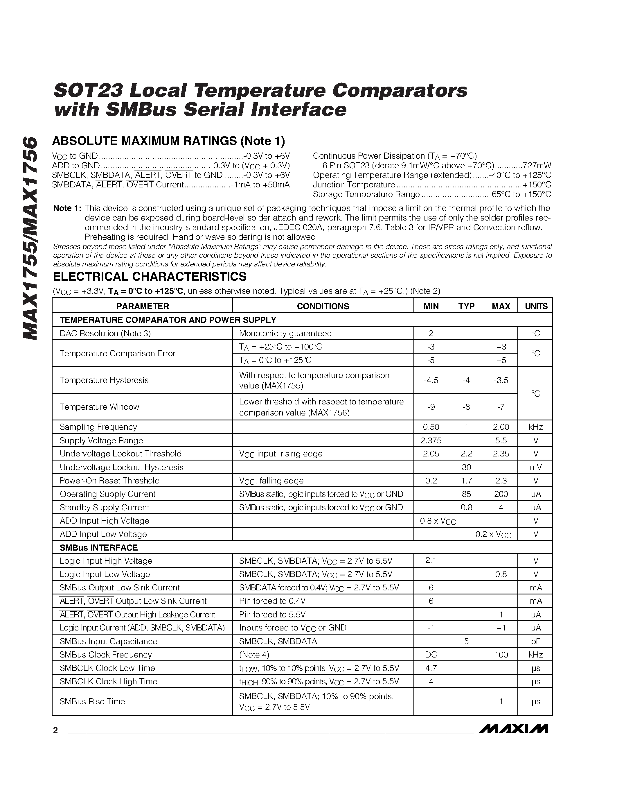 Даташит MAX1755 - SOT23 Local Temperature Comparators with SMBus Serial Interface страница 2