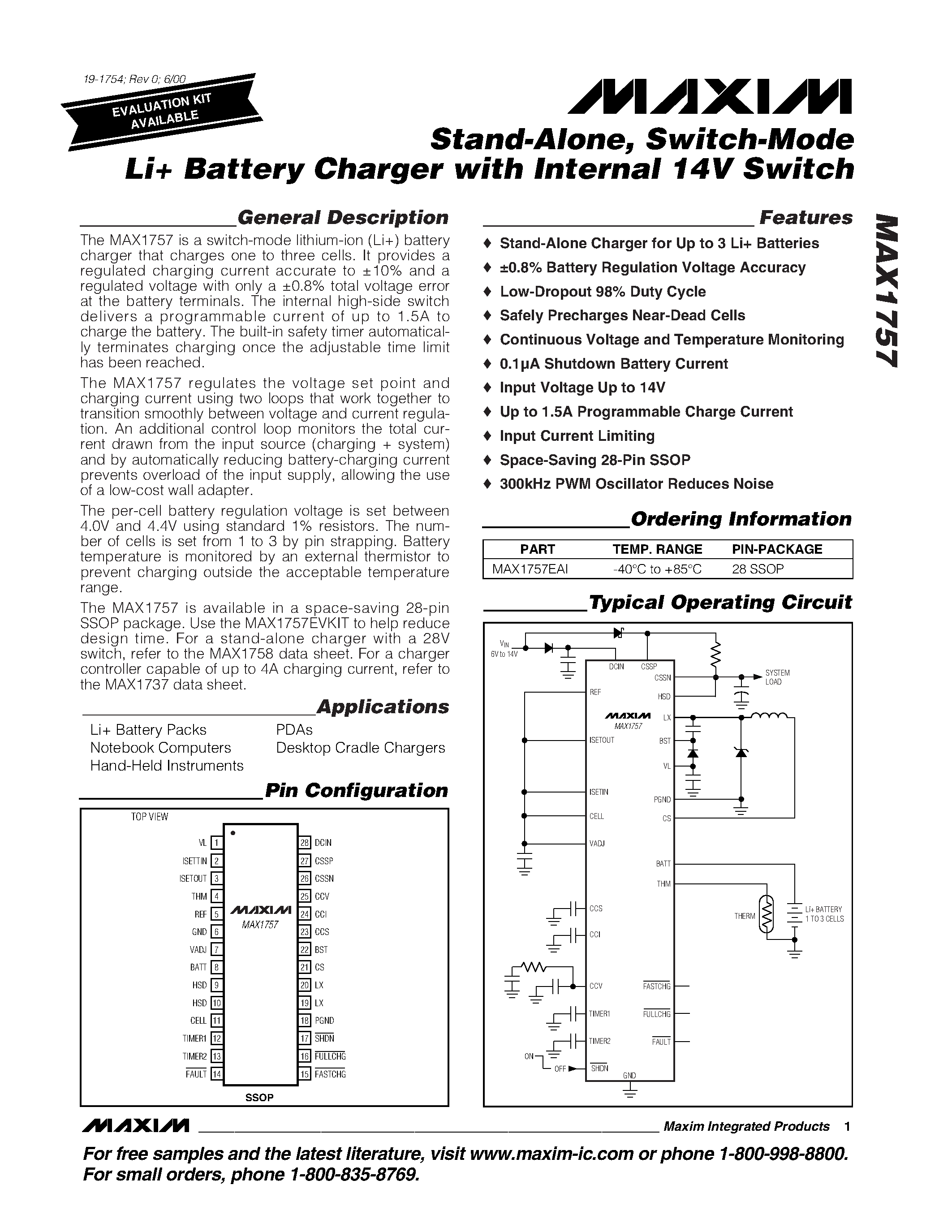 Datasheet MAX1757 - Stand-Alone / Switch-Mode Li Battery Charger with Internal 14V Switch page 1