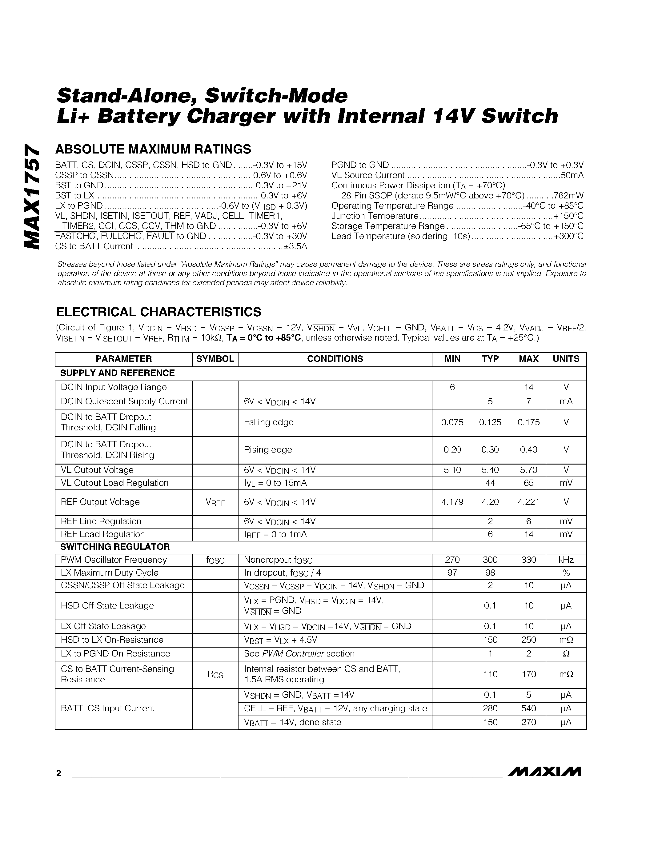 Datasheet MAX1757 - Stand-Alone / Switch-Mode Li Battery Charger with Internal 14V Switch page 2